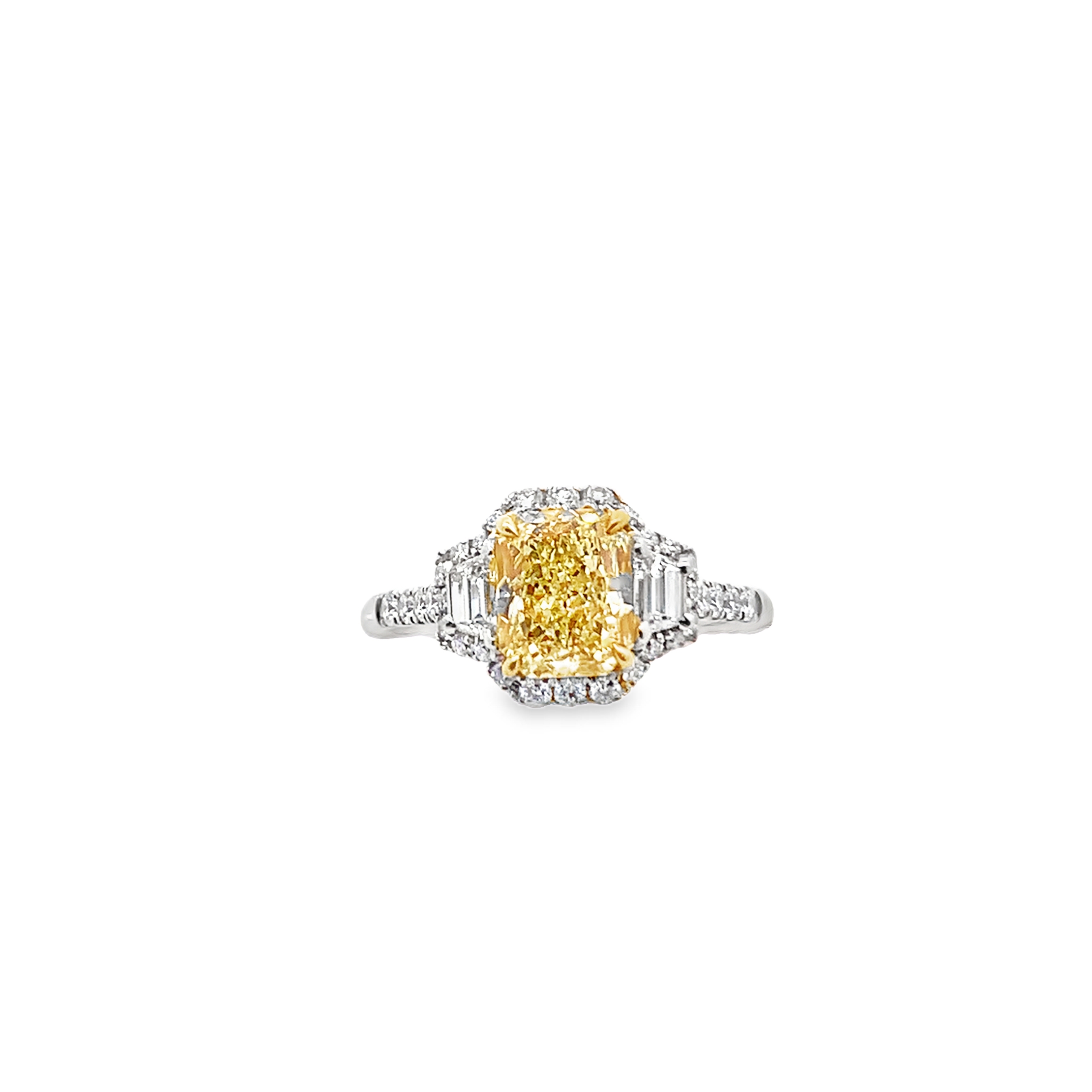 Platinum & 18K Yellow Gold Diamond Ring with 1 Radiant Diamond 1.30 CTW VS1 with 2 Trapezoid Diamonds 0.27 CTW G-H VS and 32 round Diamonds 0.31 CTW G-H VS