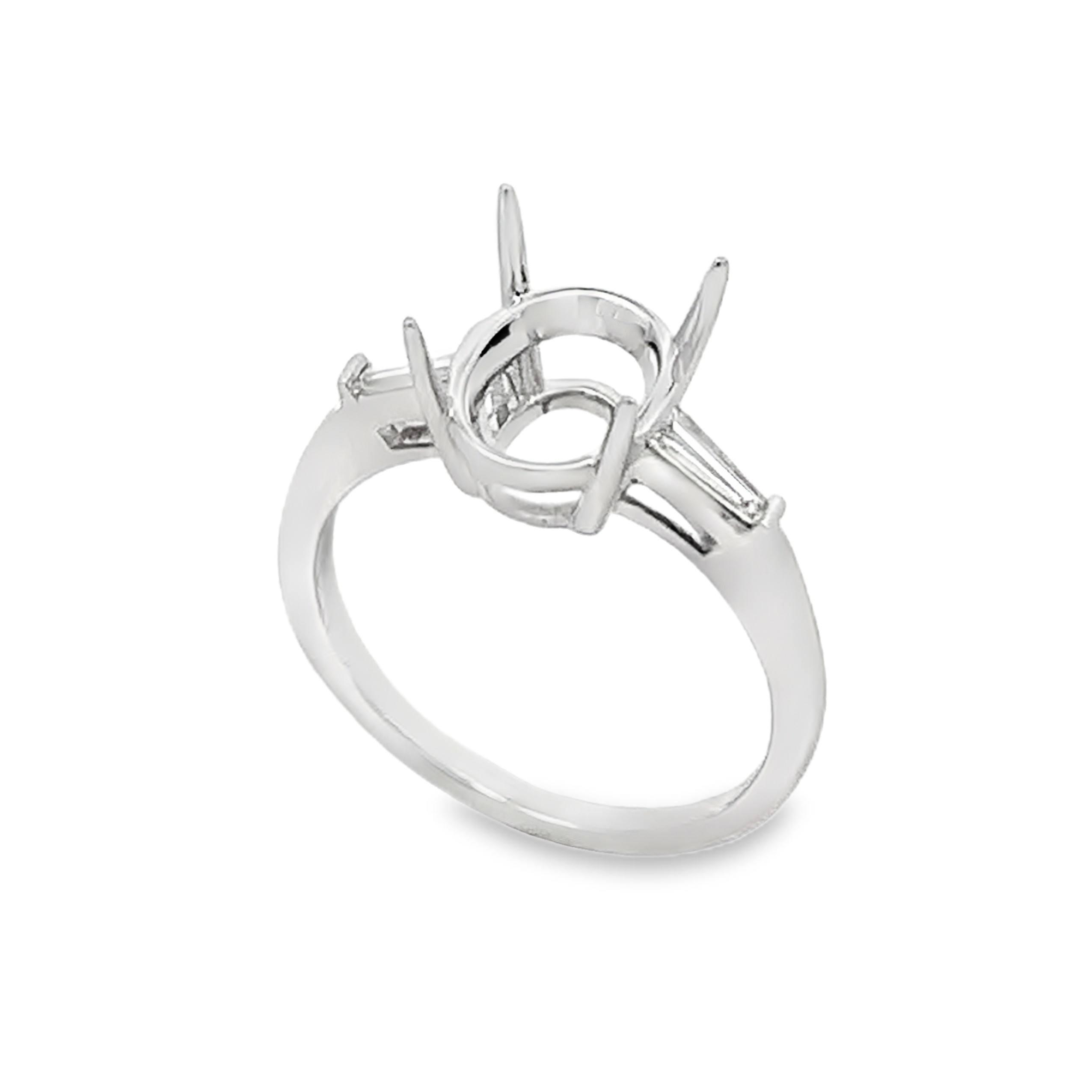 18K White Gold Diamond Semi-Mount Engagement Ring with 2 Tapered Baguette Side Diamonds