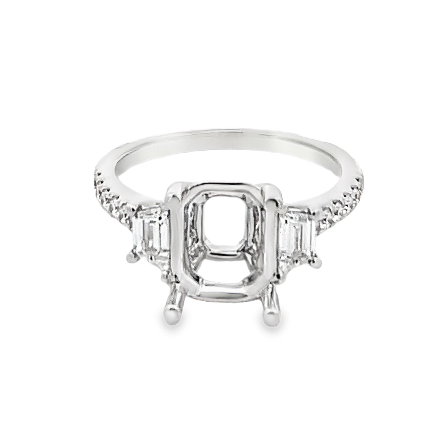 18K White Gold Diamond Semi-Mount Engagement Ring with 2 Trapezoid Side Diamonds