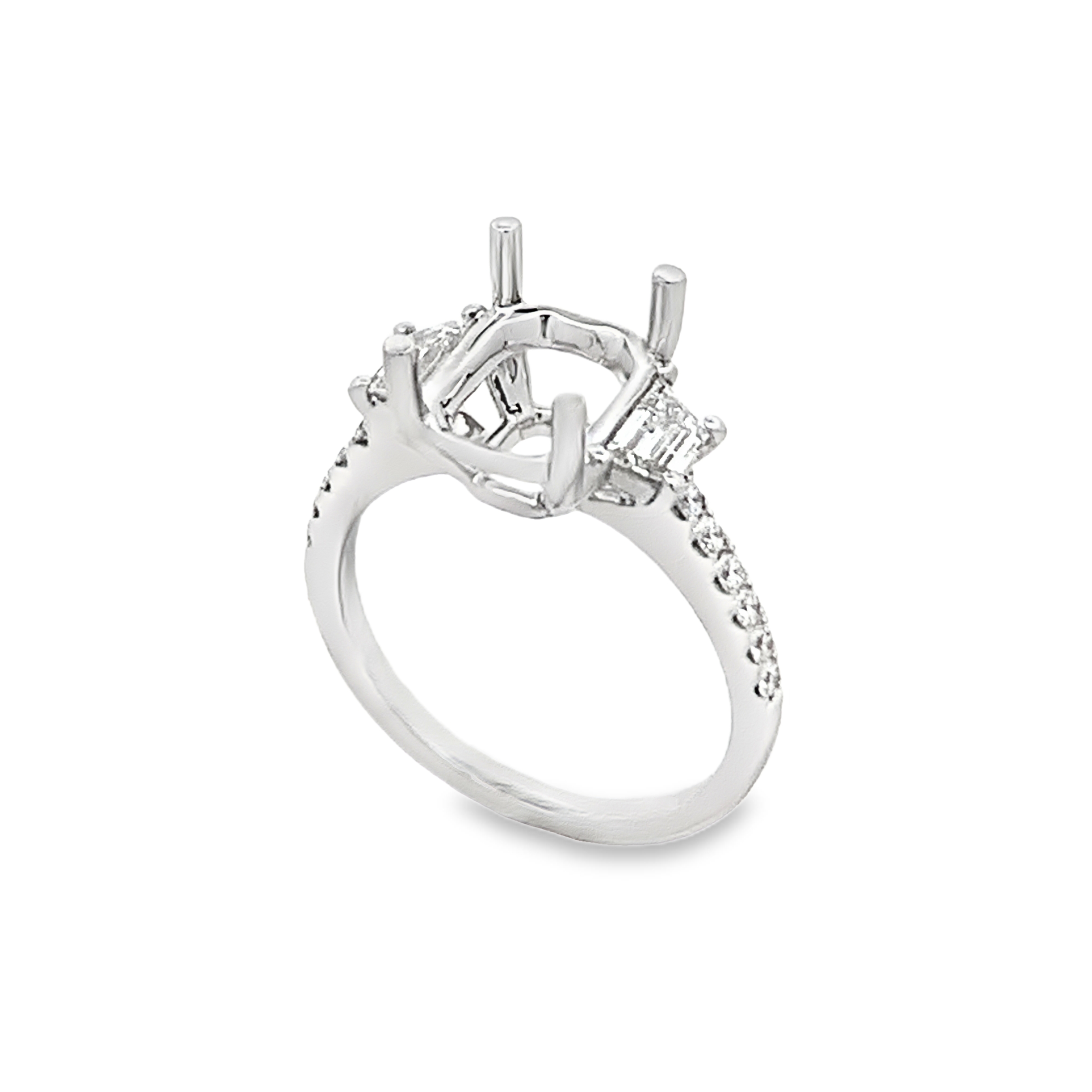 18K White Gold Diamond Semi-Mount Engagement Ring with 2 Trapezoid Side Diamonds