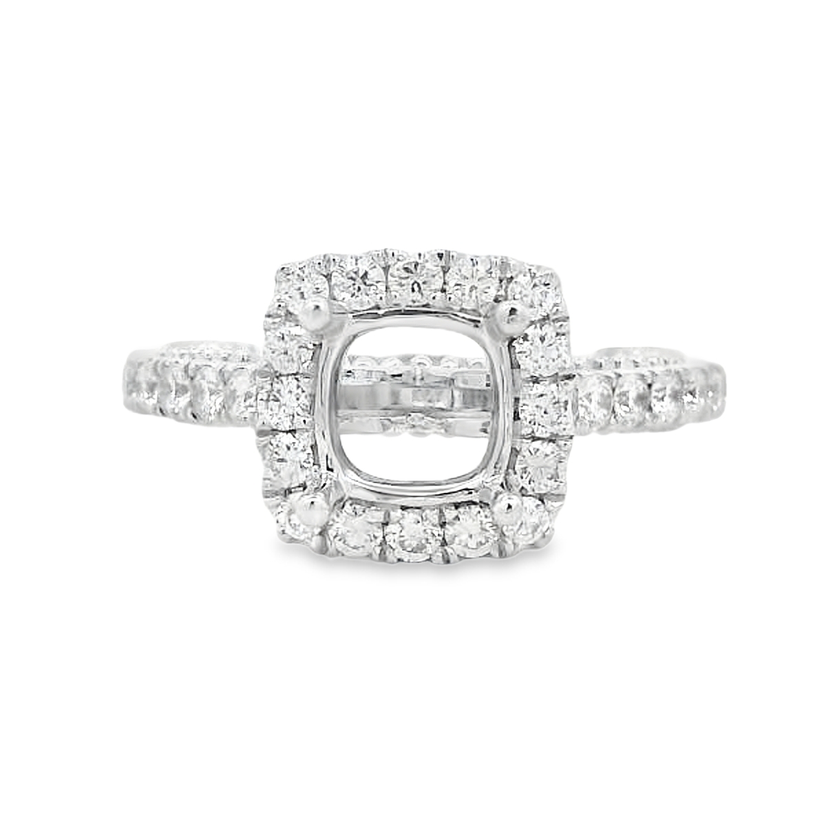 18K White Gold Cushion Halo & Milgrain Diamond Band Engagement Ring Setting