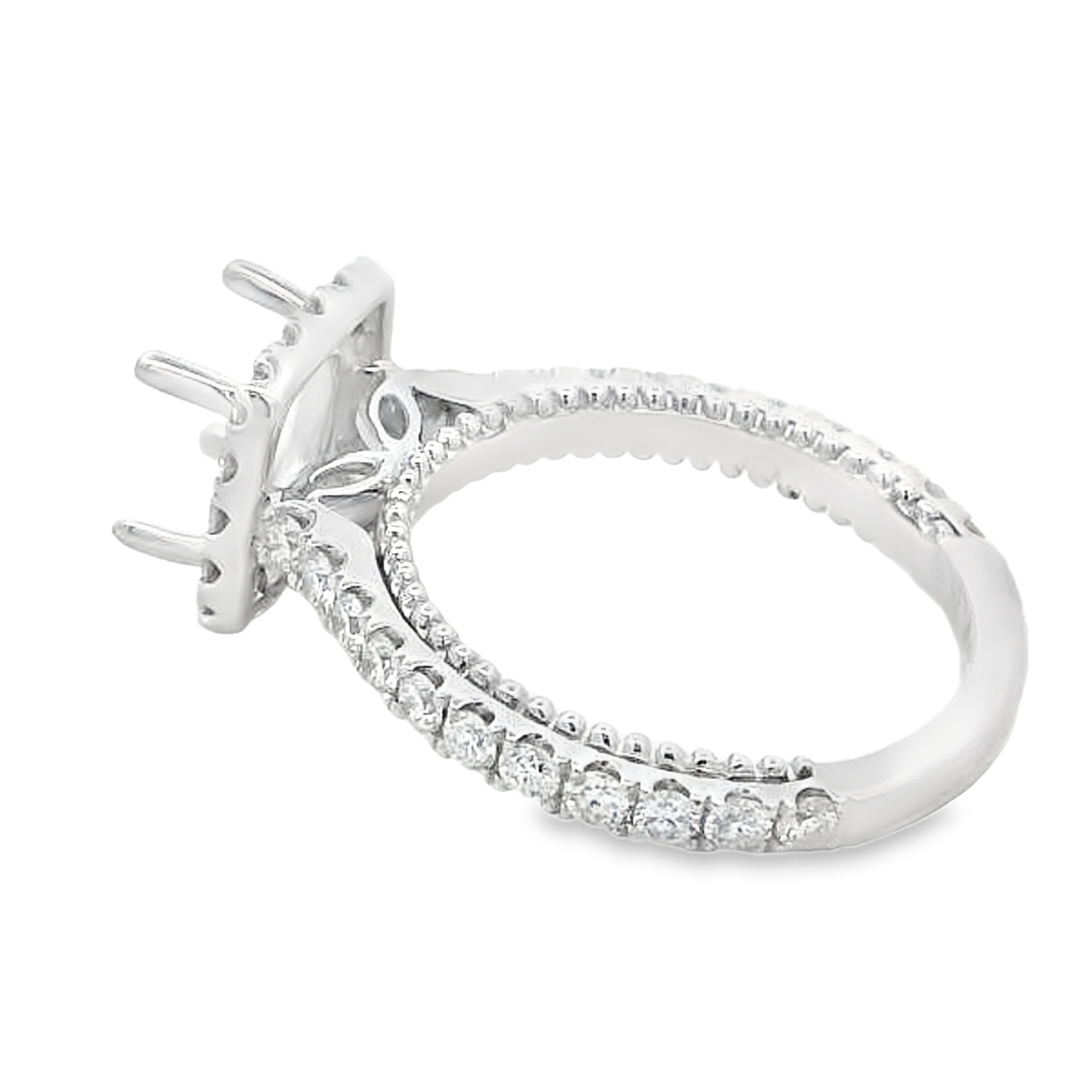 18K White Gold Cushion Halo & Milgrain Diamond Band Engagement Ring Setting