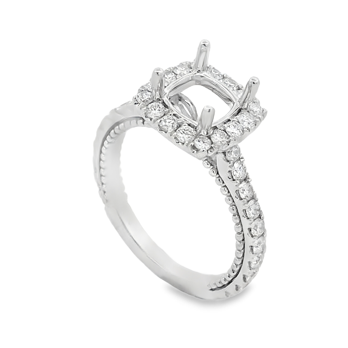 18K White Gold Cushion Halo & Milgrain Diamond Band Engagement Ring Setting