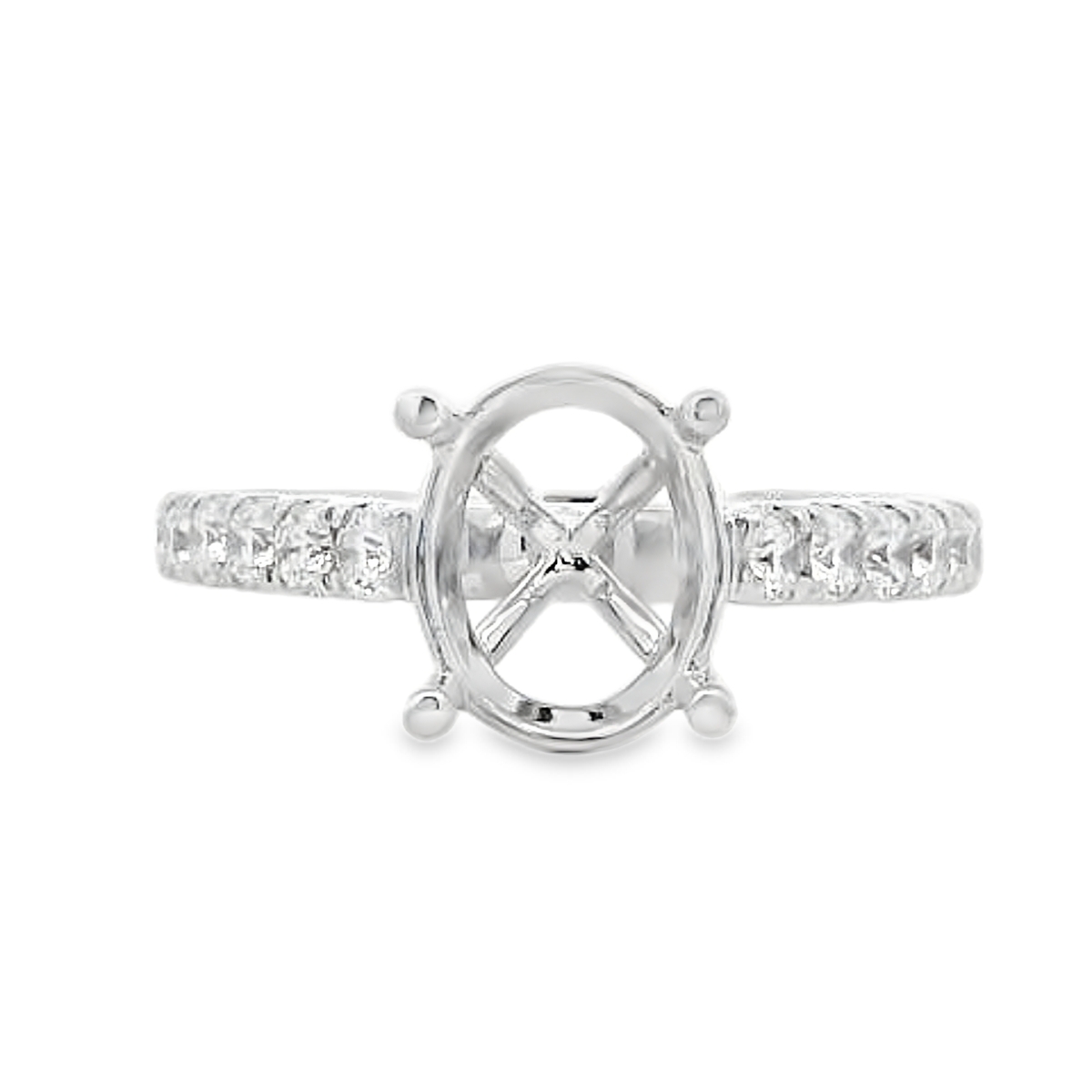 18K White Gold Diamond Shank Oval-Center Engagement Ring Setting