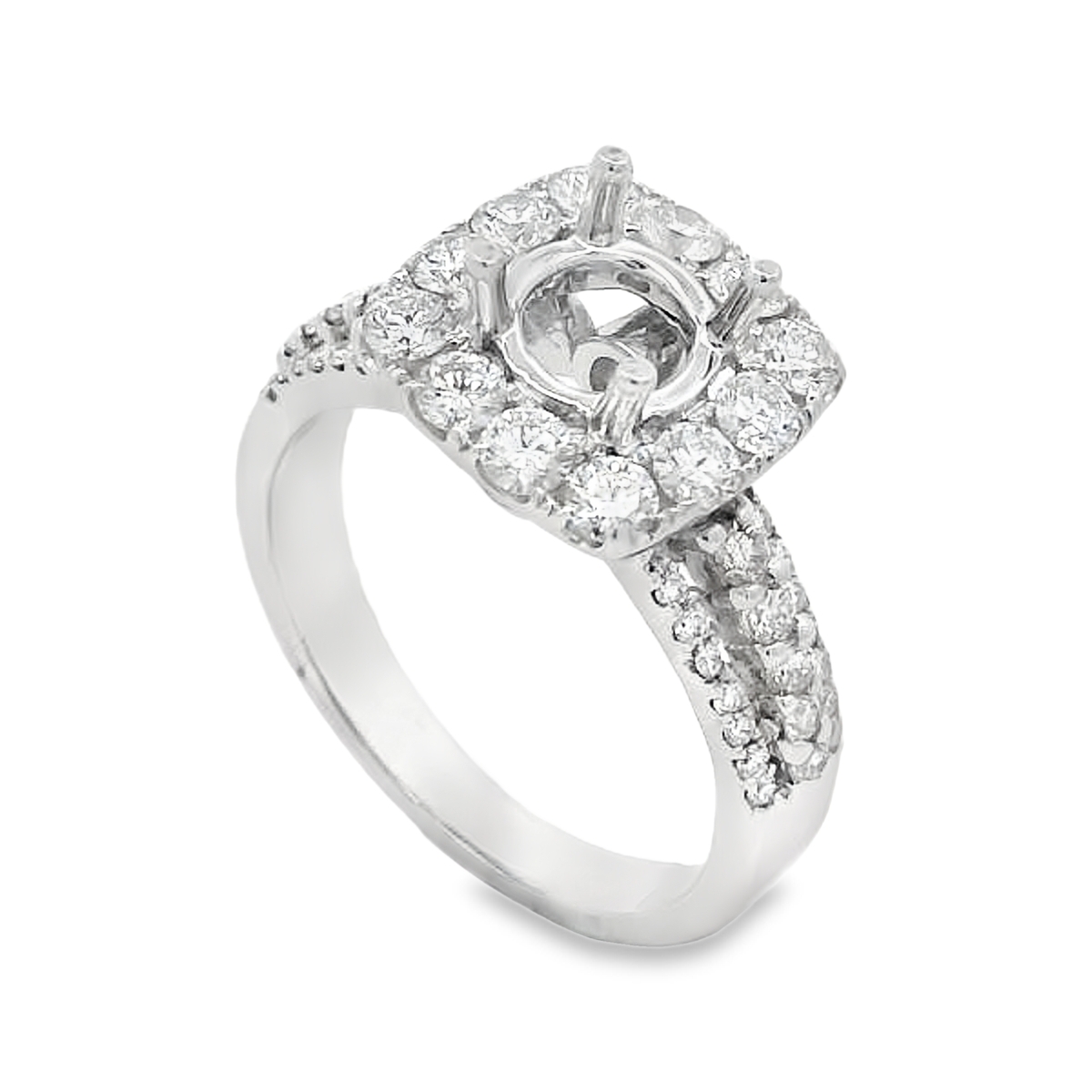 18K White Gold Diamond Cushion-Shaped Halo Engagement Ring Setting
