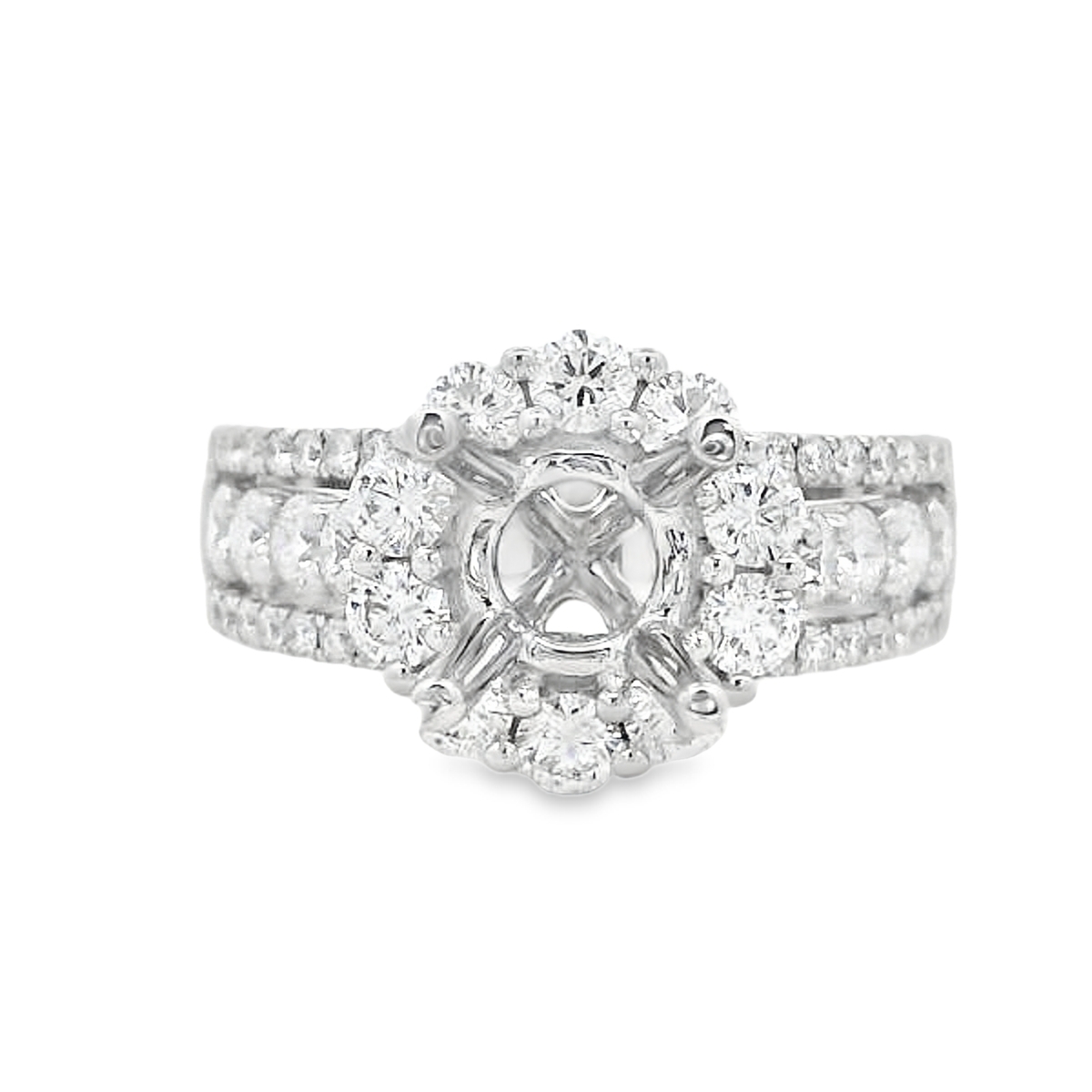 18K White Gold Diamond Halo & Triple-Row Band Engagement Ring Setting