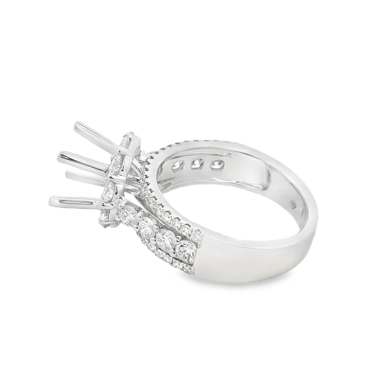 18K White Gold Diamond Halo & Triple-Row Band Engagement Ring Setting