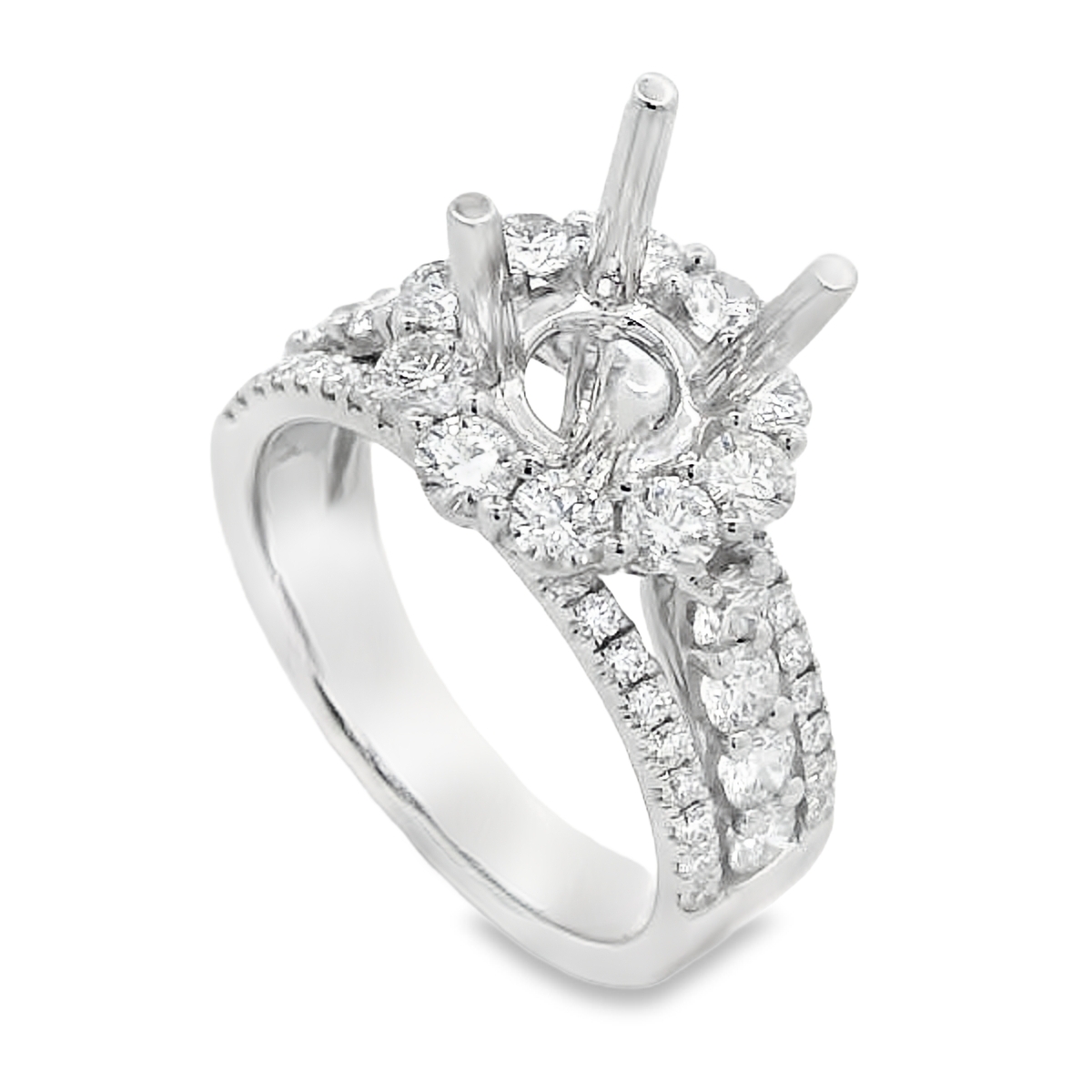 18K White Gold Diamond Halo & Triple-Row Band Engagement Ring Setting