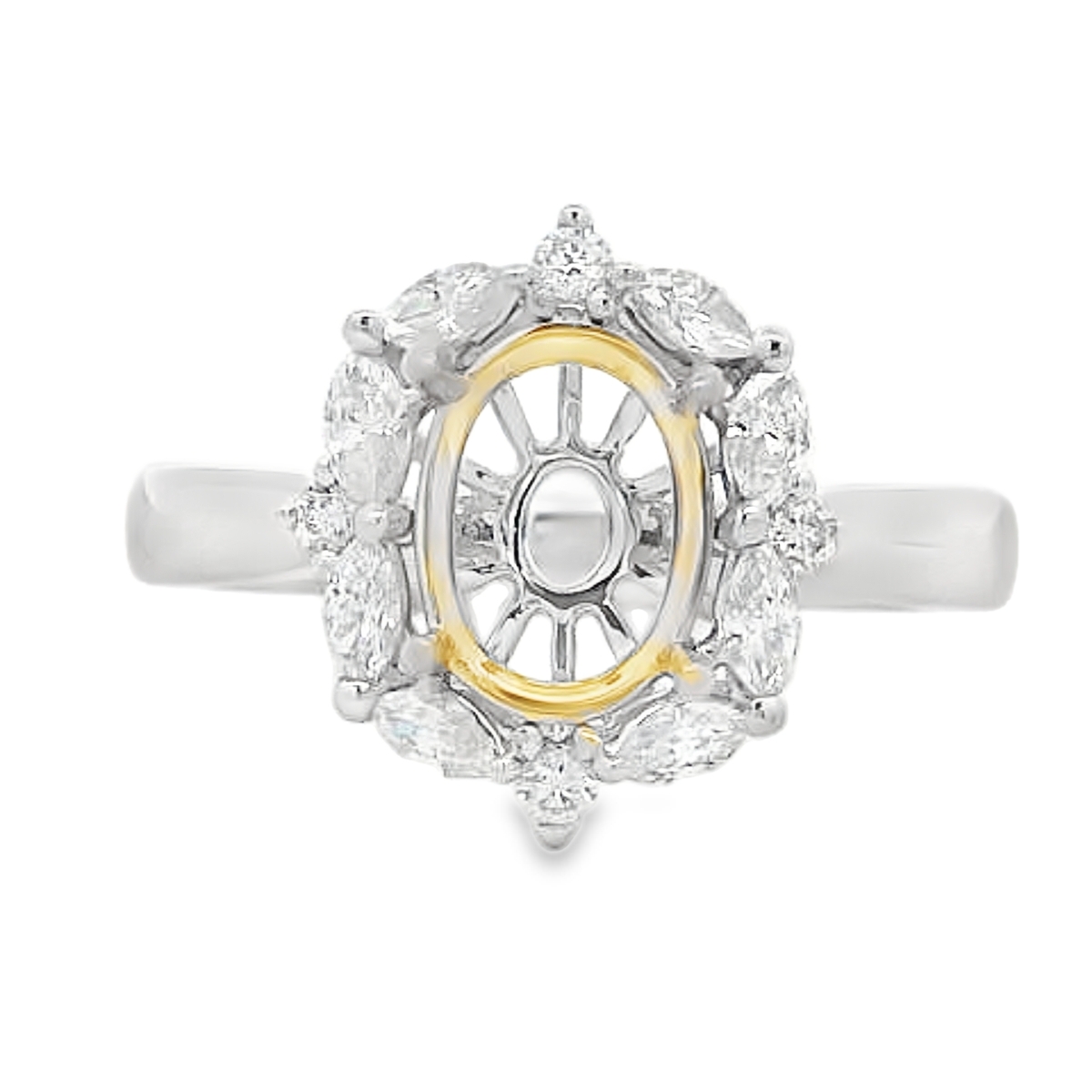 18K White & Yellow Gold Diamond Burst Oval Halo Engagement Ring Setting