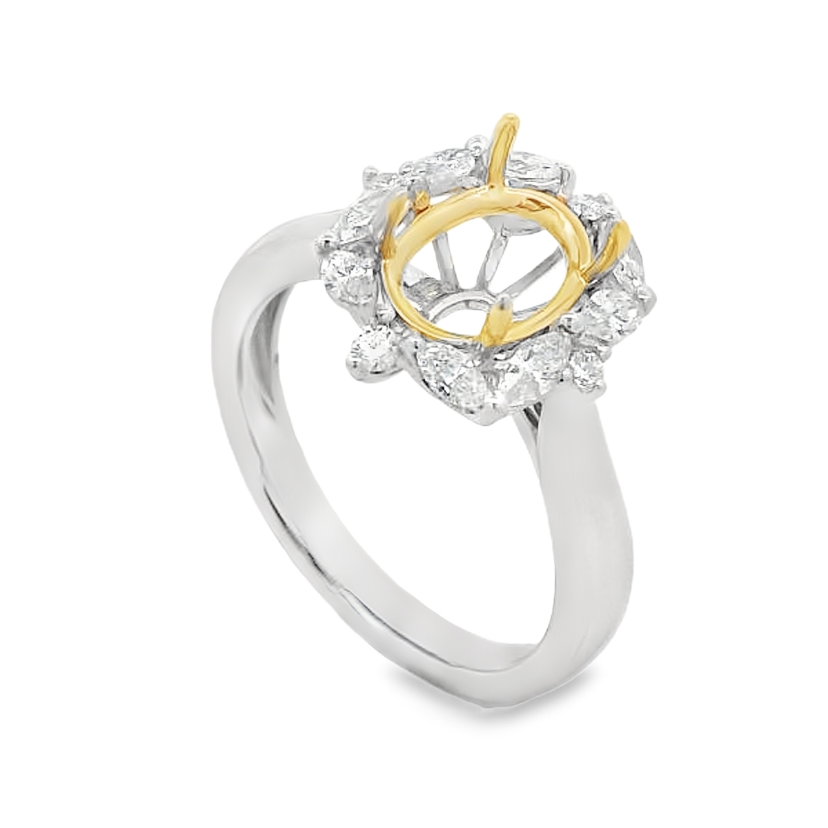 18K White & Yellow Gold Diamond Burst Oval Halo Engagement Ring Setting