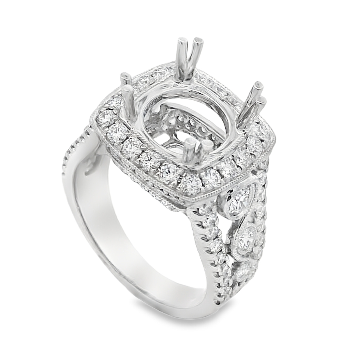 18K White Gold Diamond Vintage-Style Engagement Ring Setting