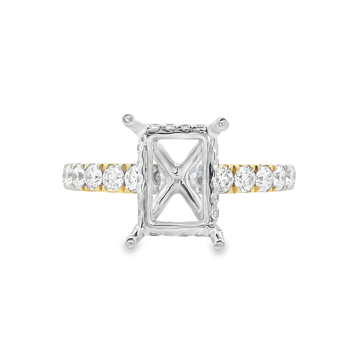 18K White & Yellow Gold Emerald-Shape Diamond Band Engagement Ring Setting