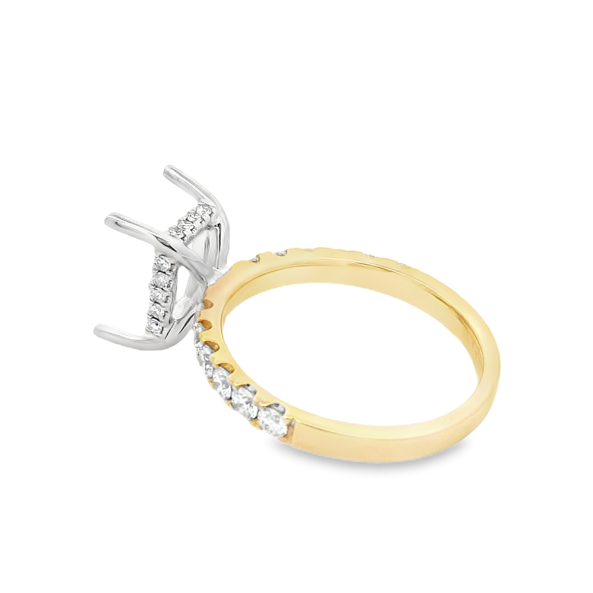 18K White & Yellow Gold Emerald-Shape Diamond Band Engagement Ring Setting