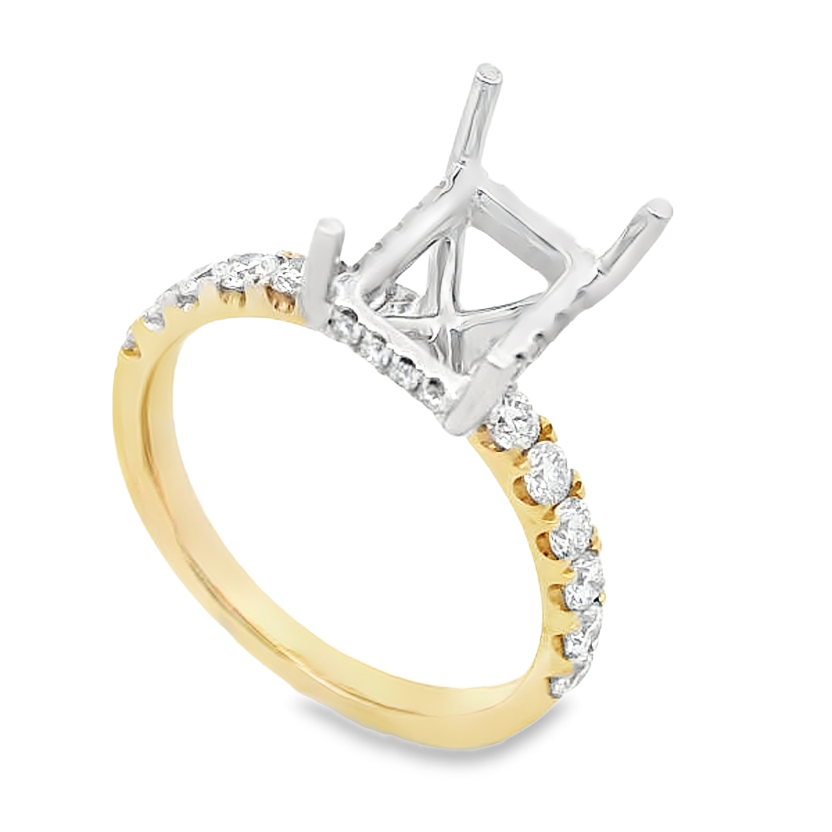 18K White & Yellow Gold Emerald-Shape Diamond Band Engagement Ring Setting