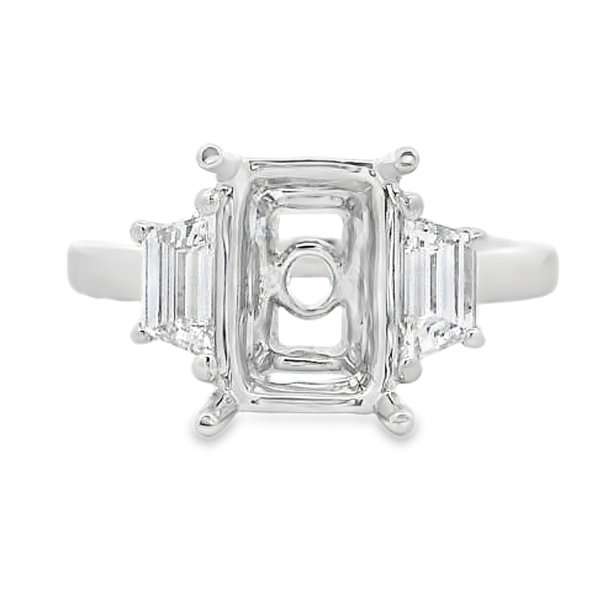 18K White Gold Emerald-Shape Diamond 3 Stone Engagement Ring Setting