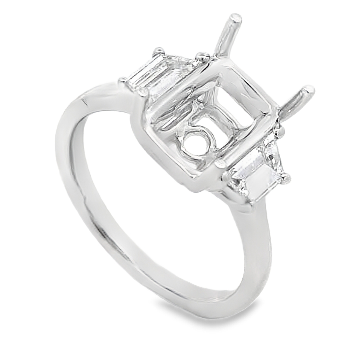 18K White Gold Emerald-Shape Diamond 3 Stone Engagement Ring Setting