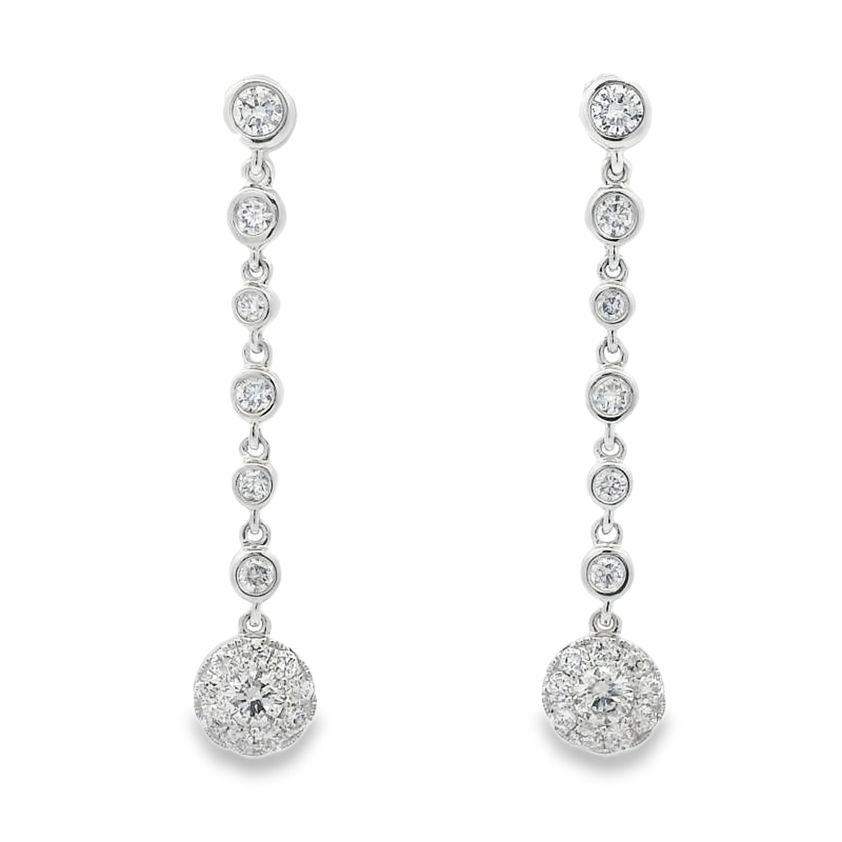 14K White Gold Diamond Cluster & Bezel Dangling Earrings