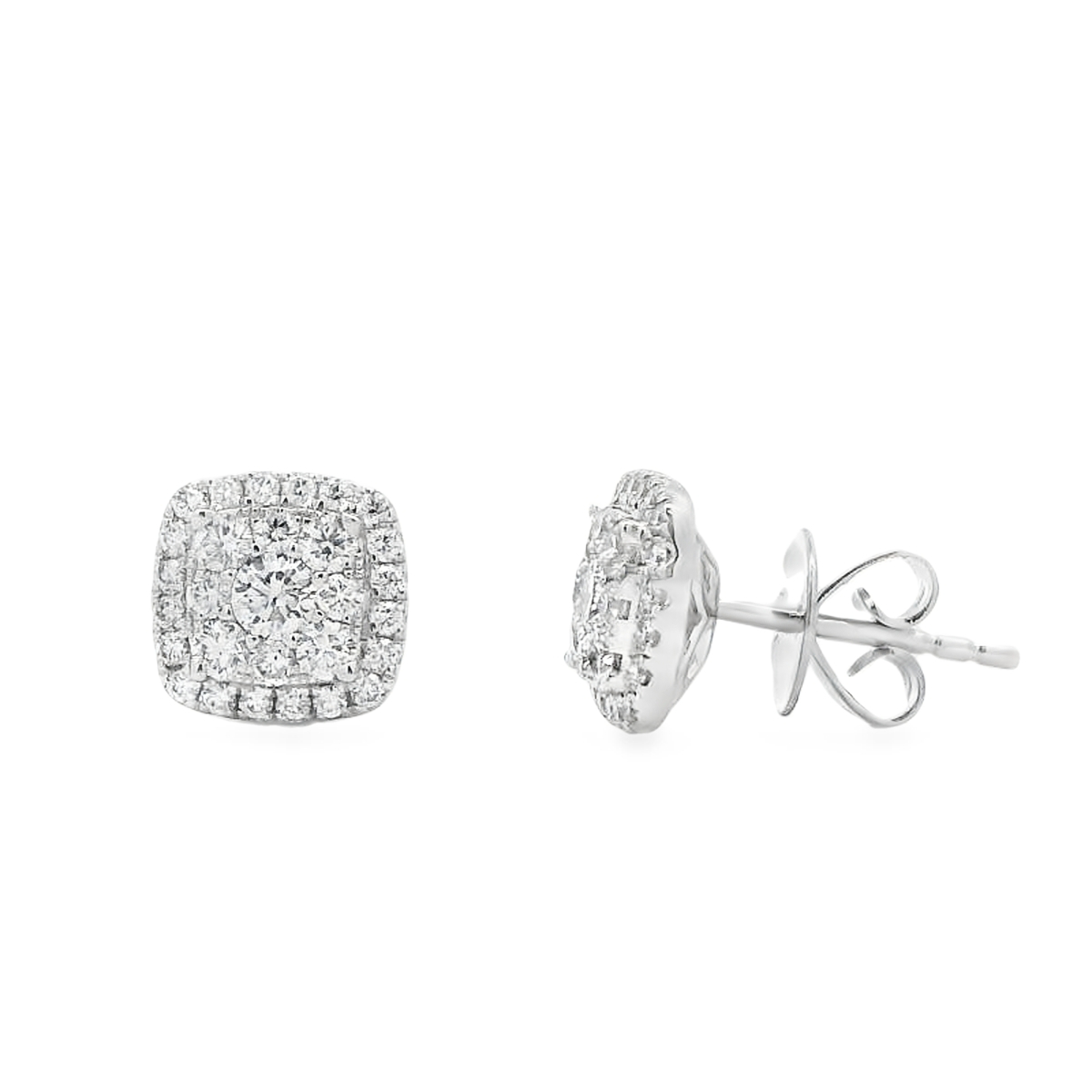 14K White Gold Square Diamond Cluster Studs