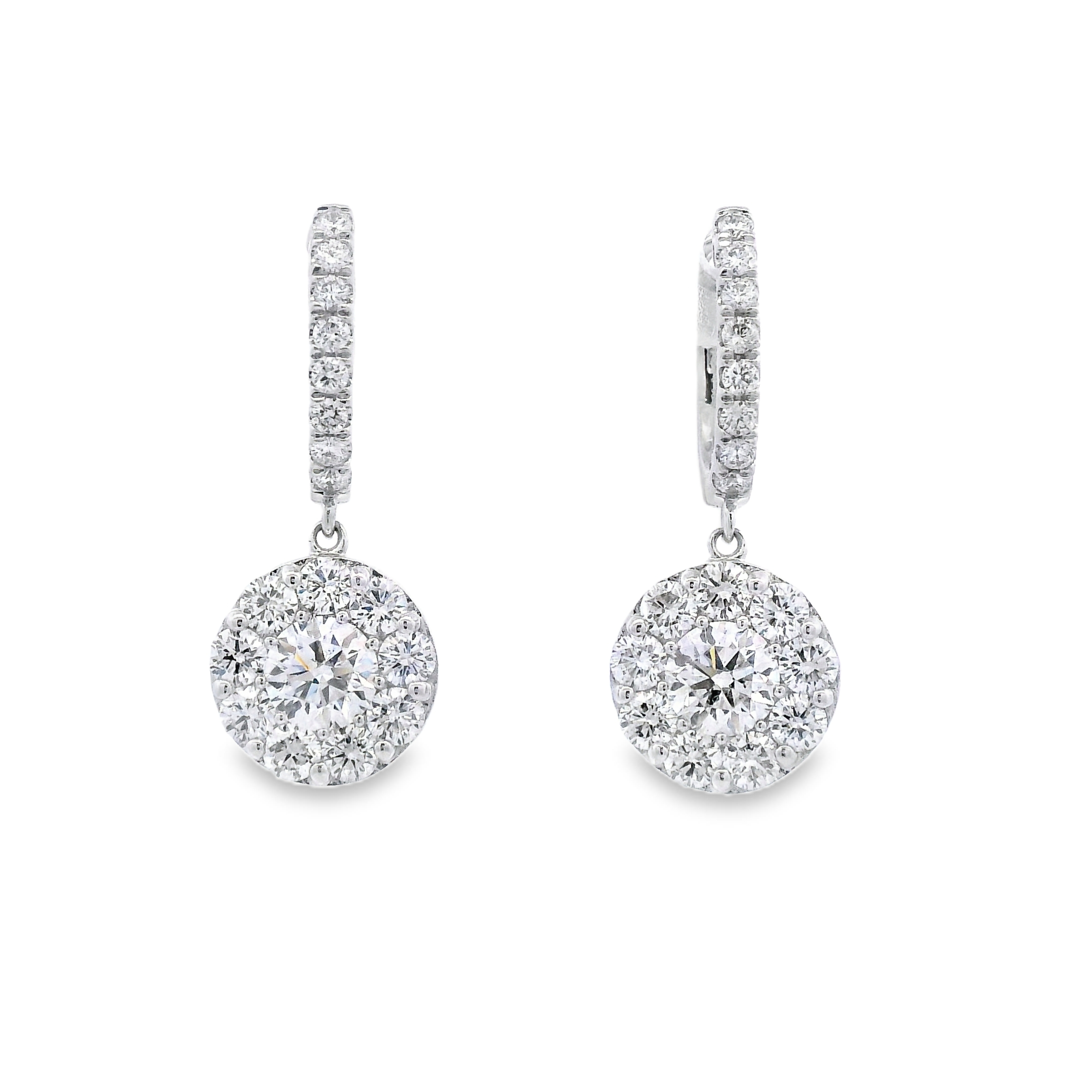 14K White Gold 2-Carat Diamond Dangling Lever Cluster Earrings