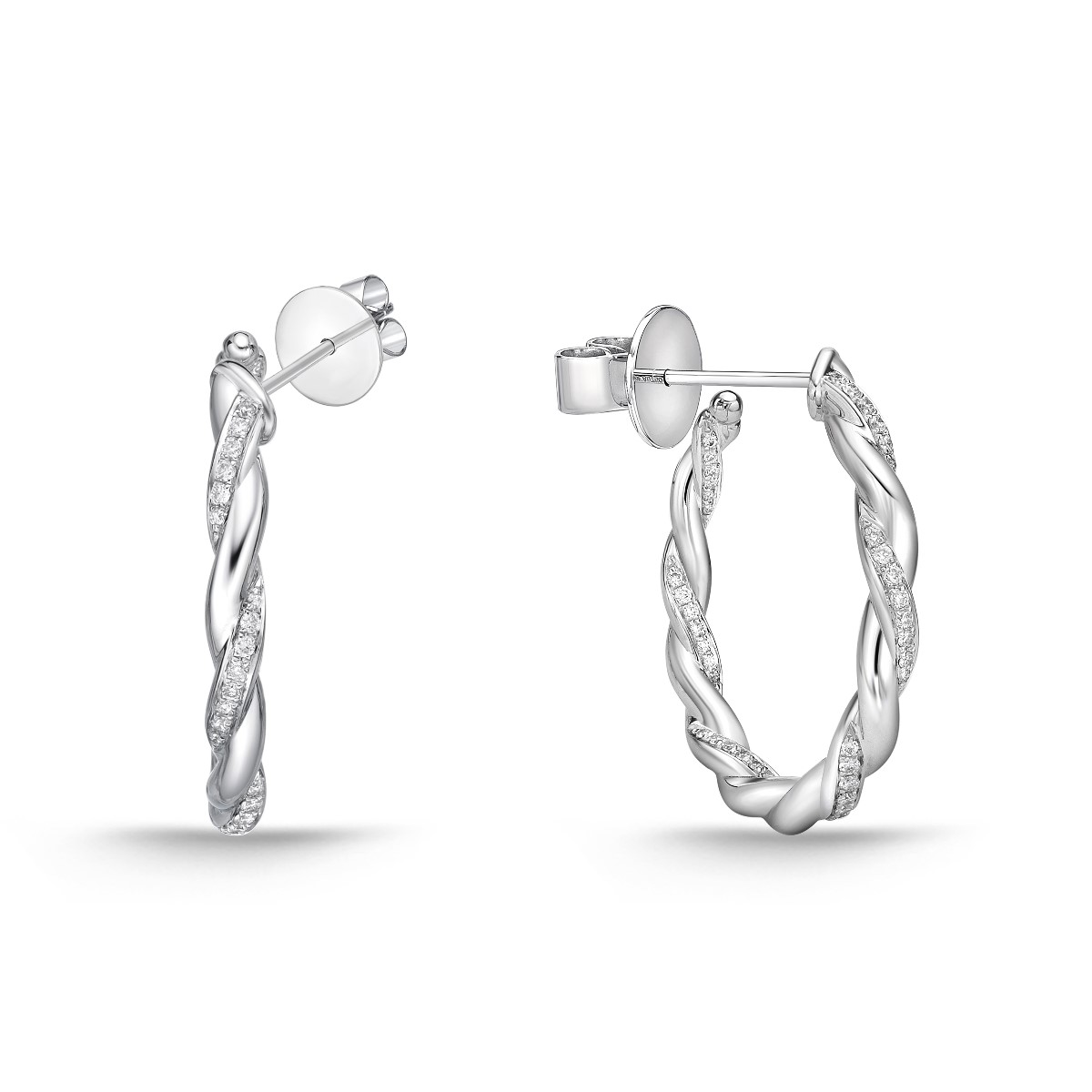 Memoire 18K White Gold Vine Twisted Pave Small Hoops