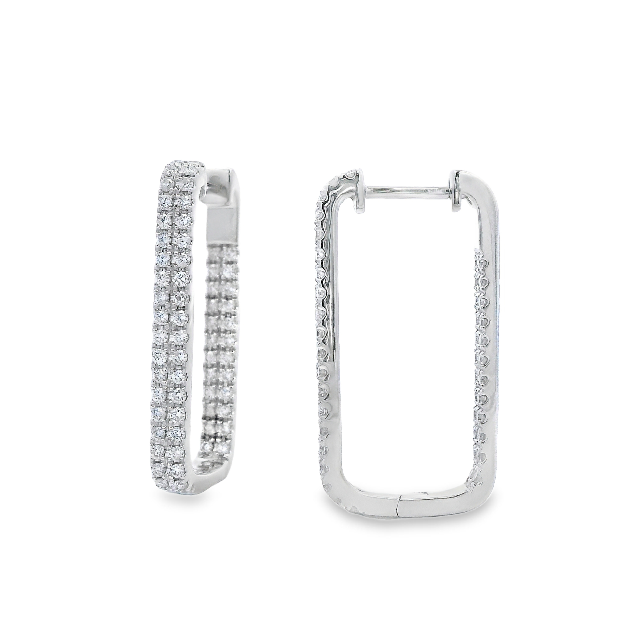 14K White Gold Rectangular Pave Diamond Hoops