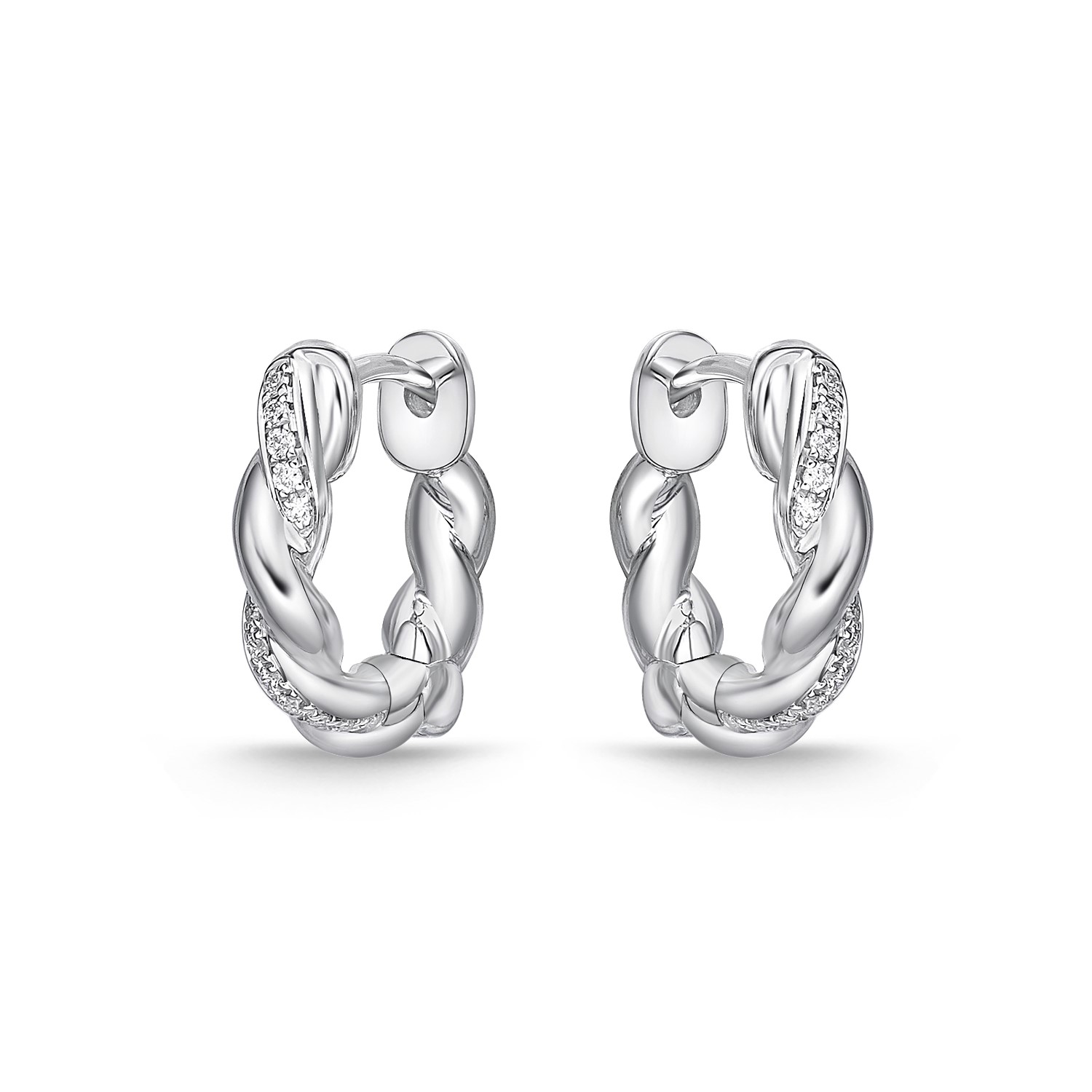 Memoire 18K White Gold Vine Twisted Pave Small Huggies
