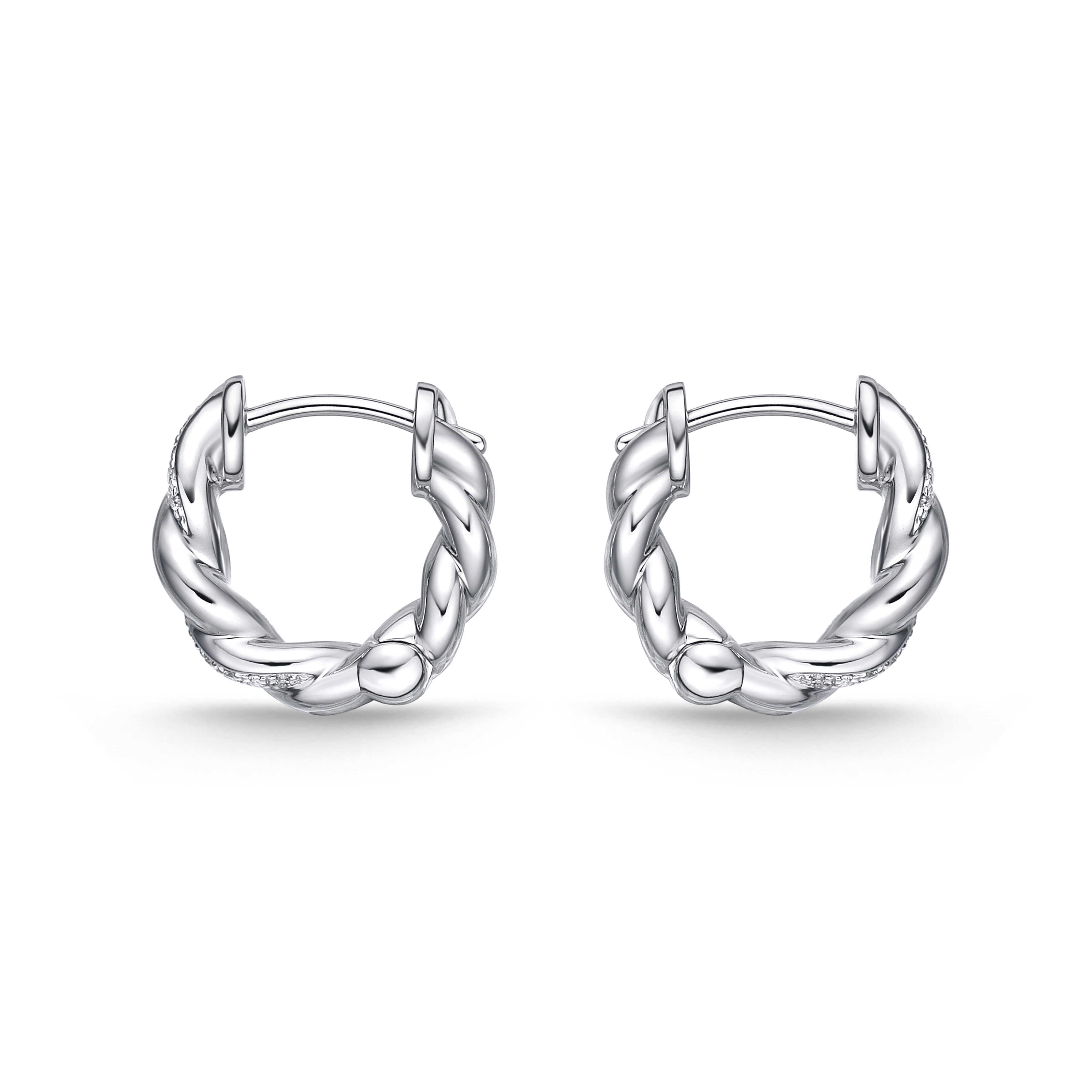 Memoire 18K White Gold Vine Twisted Pave Small Huggies
