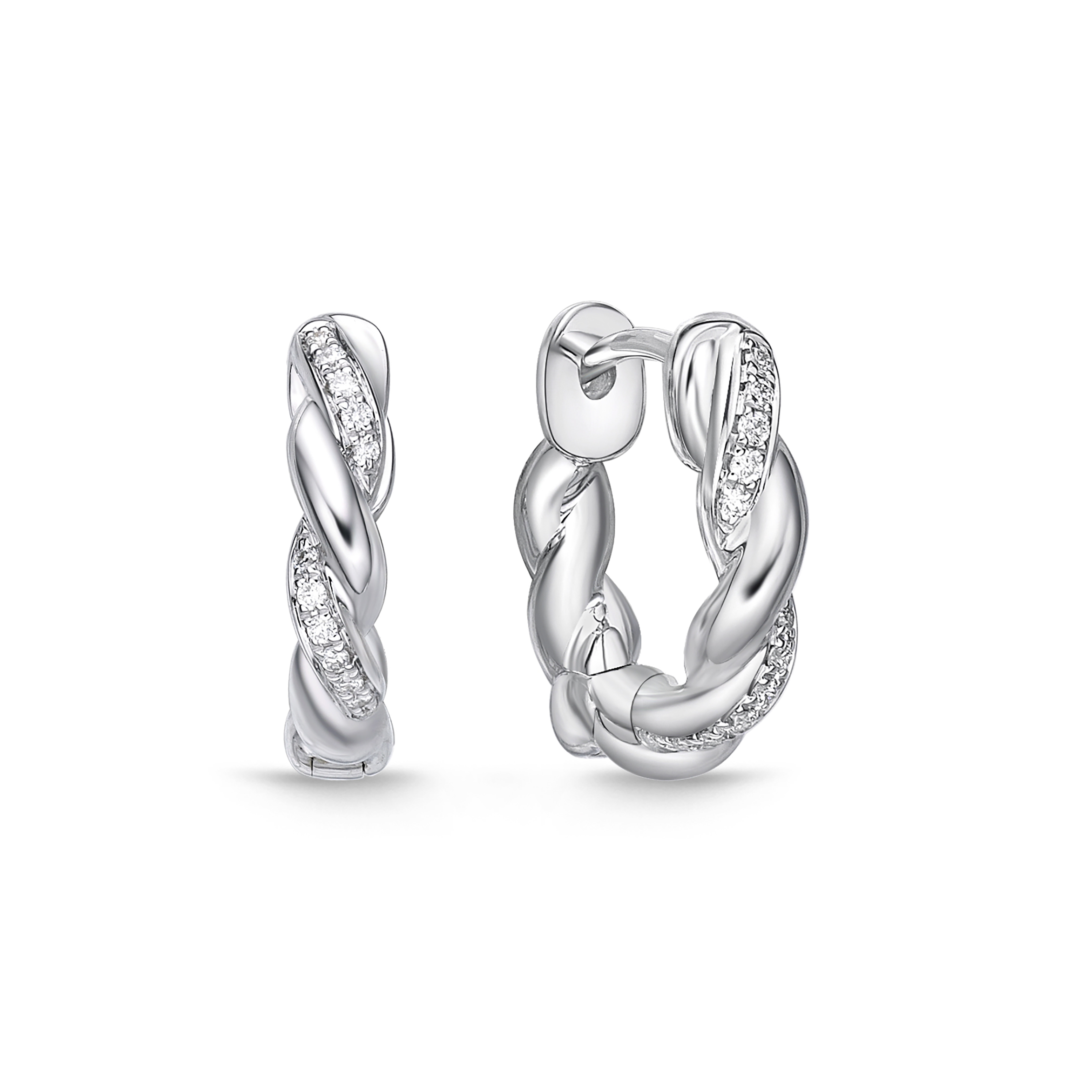 Memoire 18K White Gold Vine Twisted Pave Small Huggies