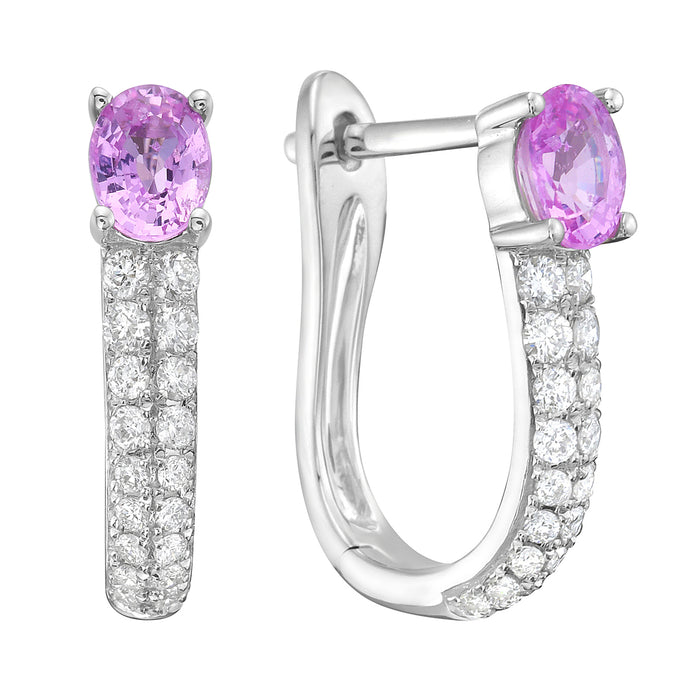 14K  Diamond Hoop Earrings with 2 Oval Pink Sapphires 0.76 Carat and 36 Round Diamonds 0.33 Carat