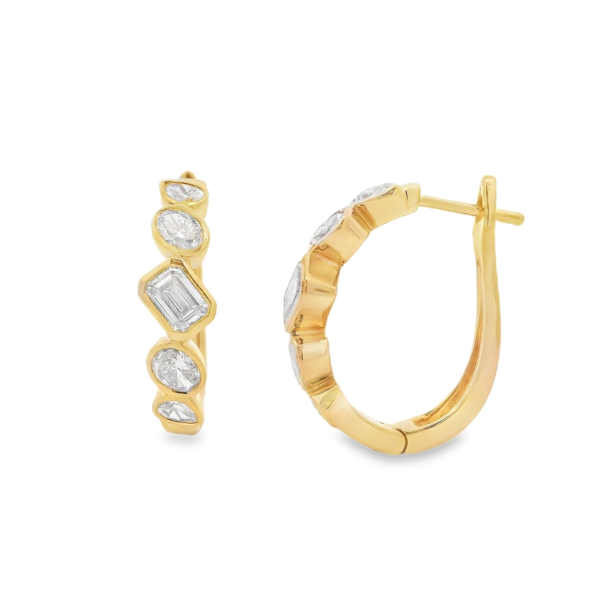 18K Yellow Gold 1-1/2 Carat Mix-Shape Bezel Diamond Hoops