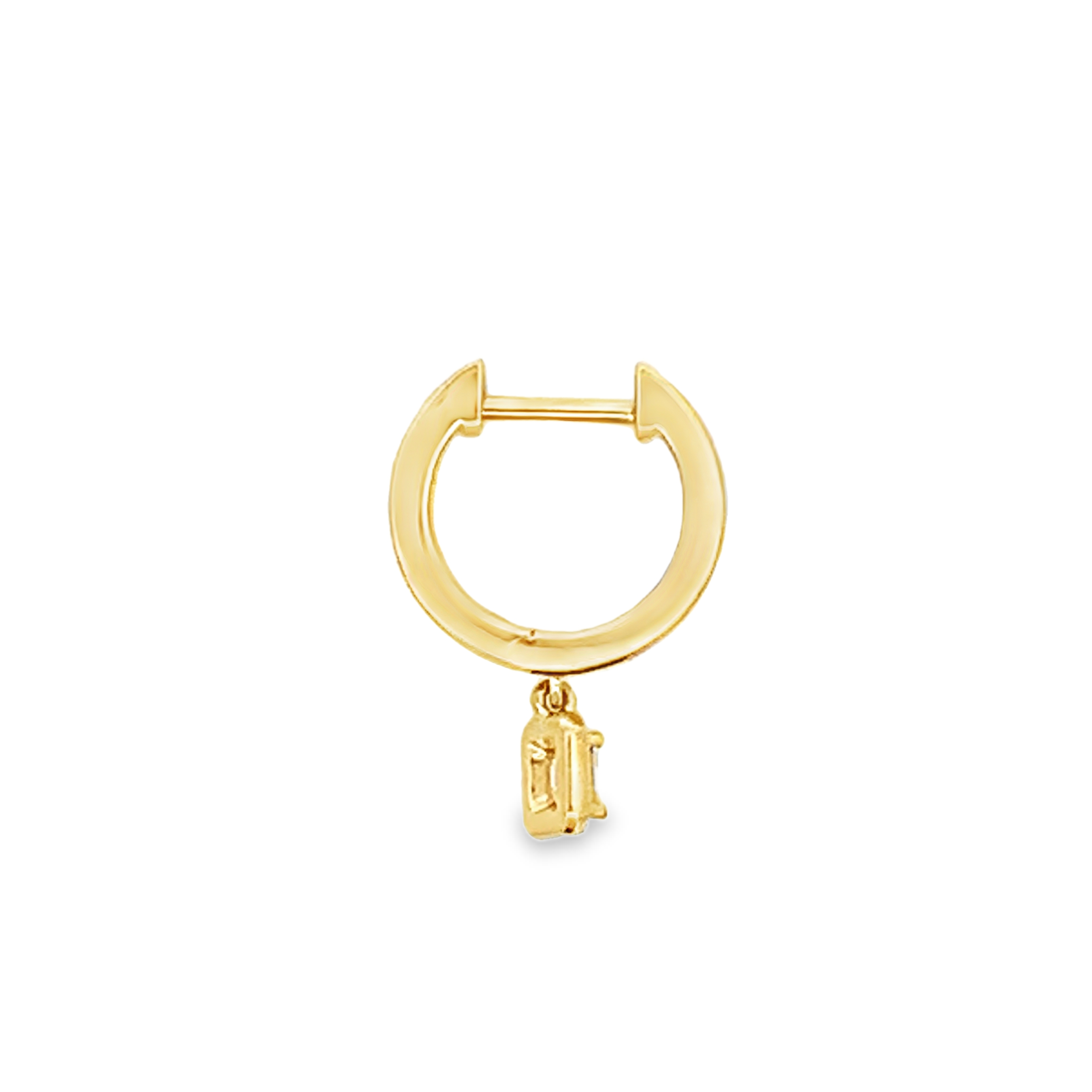 18K Yellow Gold Diamond Hoops with Burnished Round Diamonds and Dangling Emerald-Cut Diamond Station