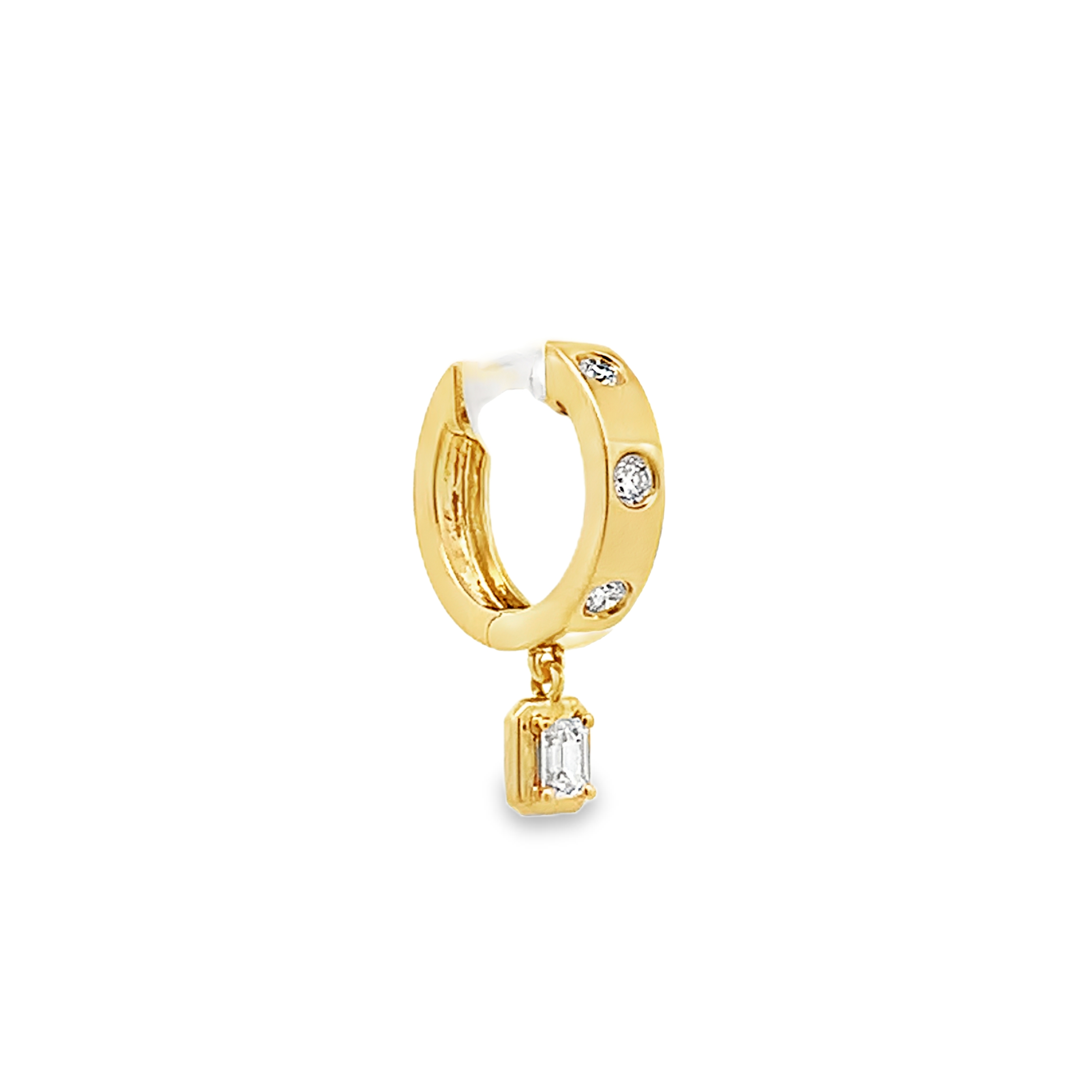 18K Yellow Gold Diamond Hoops with Burnished Round Diamonds and Dangling Emerald-Cut Diamond Station