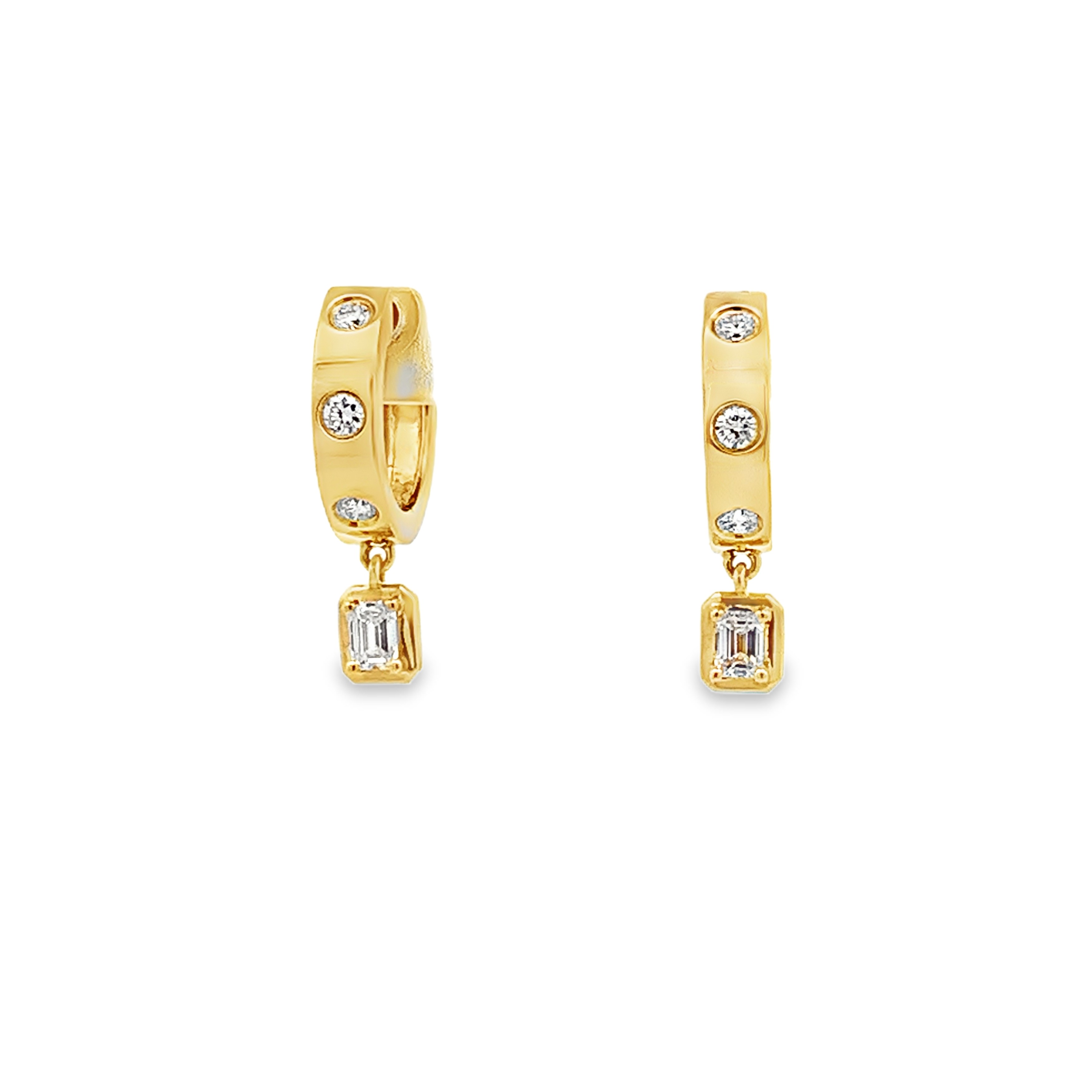 18K Yellow Gold Diamond Hoops with Burnished Round Diamonds and Dangling Emerald-Cut Diamond Station