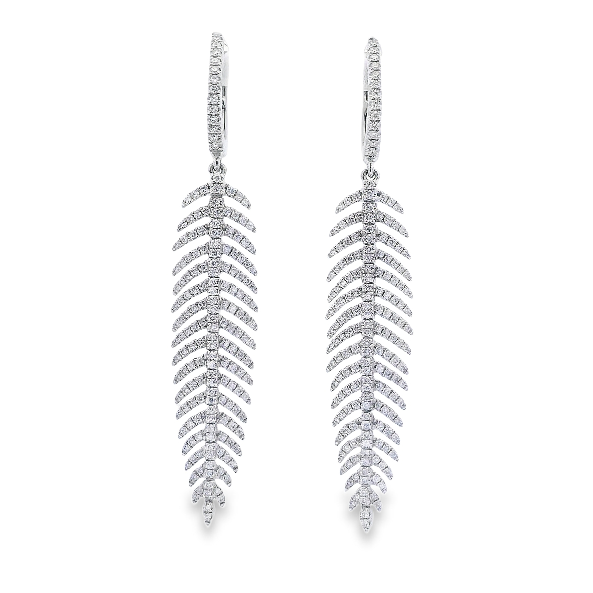 18K White Gold Diamond Feather Dangling Earrings
