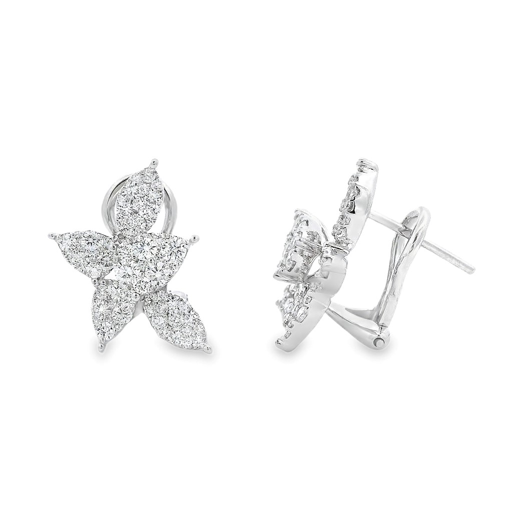 18K White Gold Pave Diamond Leaf Cluster Omega-Back Earrings