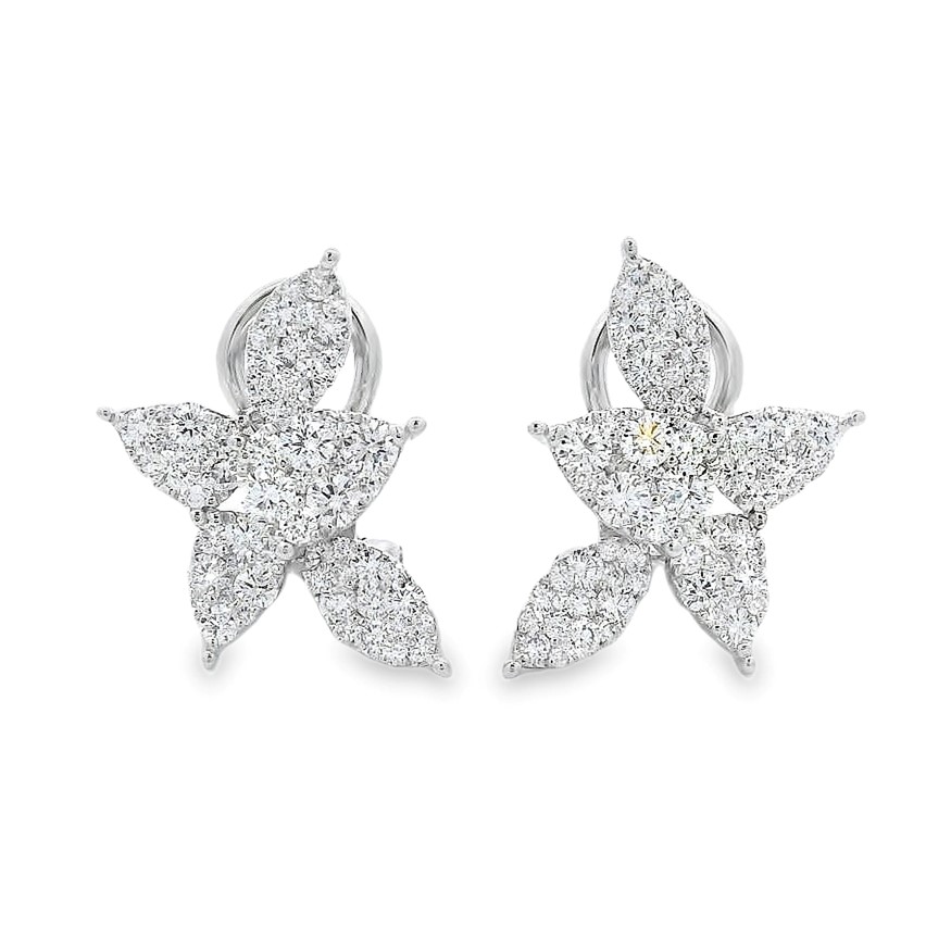 18K White Gold Pave Diamond Leaf Cluster Omega-Back Earrings