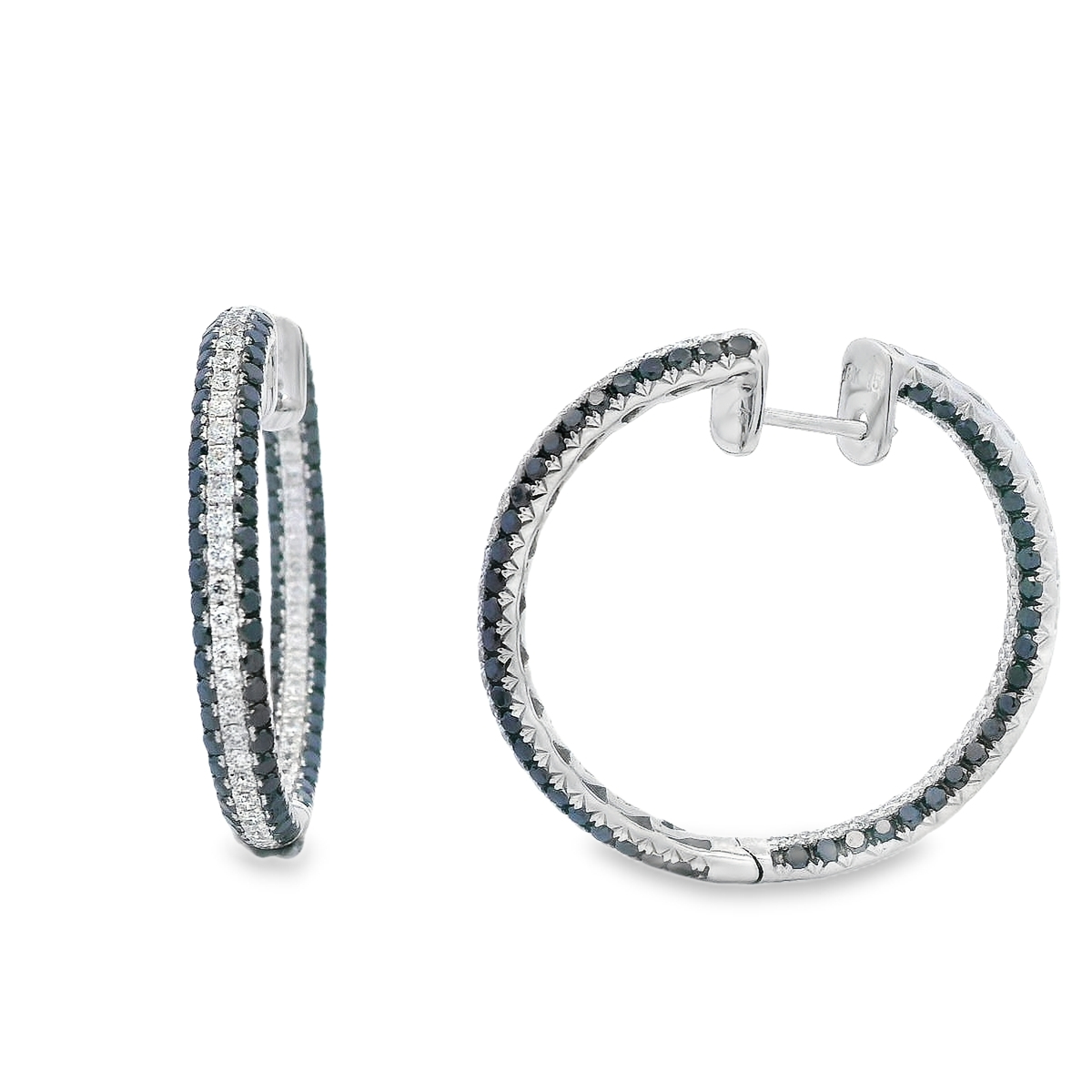18K White Gold Black and White Pave Diamond Hoops