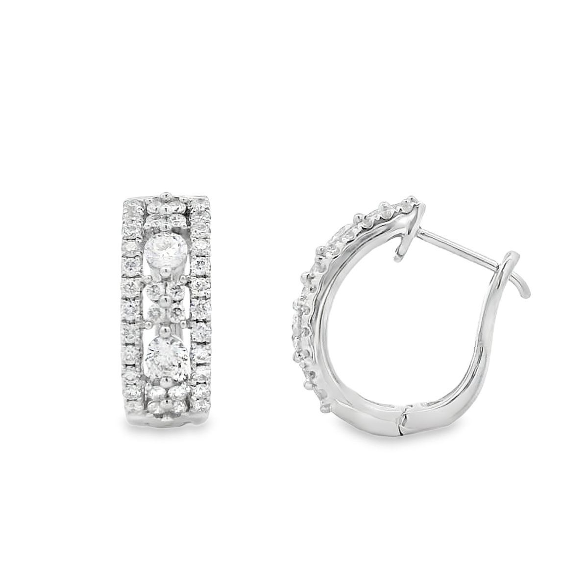 18K White Gold Alternating Middle Row Diamond Hoops