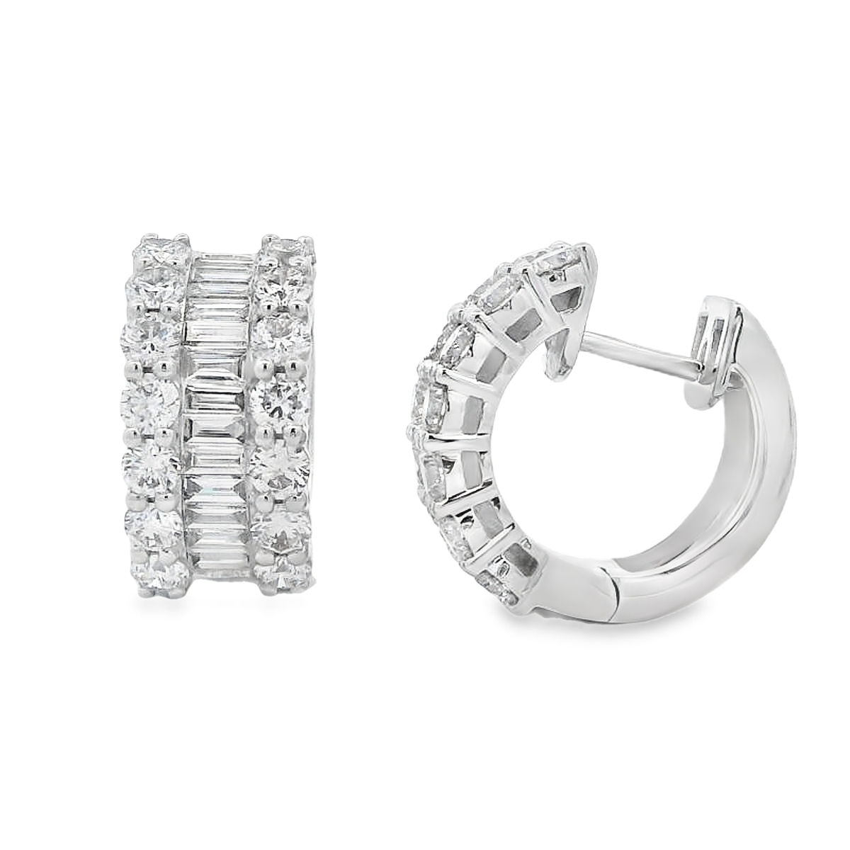 18K White Gold Baguette Center Diamond Huggies