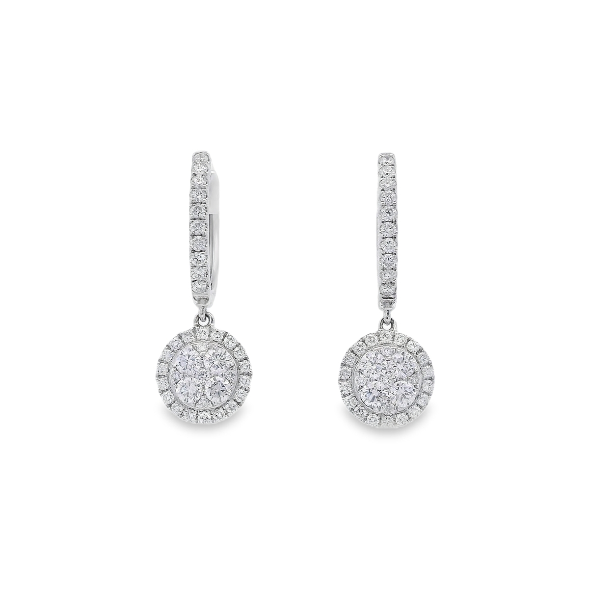 18K White Gold Diamond Cluster Dangling Earrings