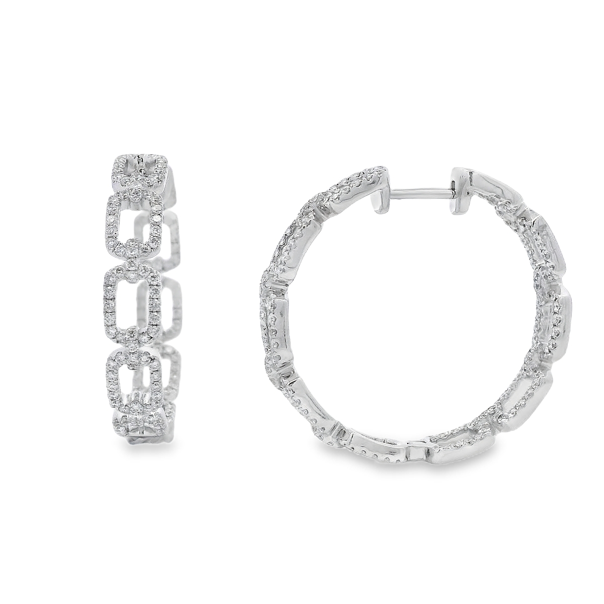 18K White Gold Chain-Style Round Diamond Hoops