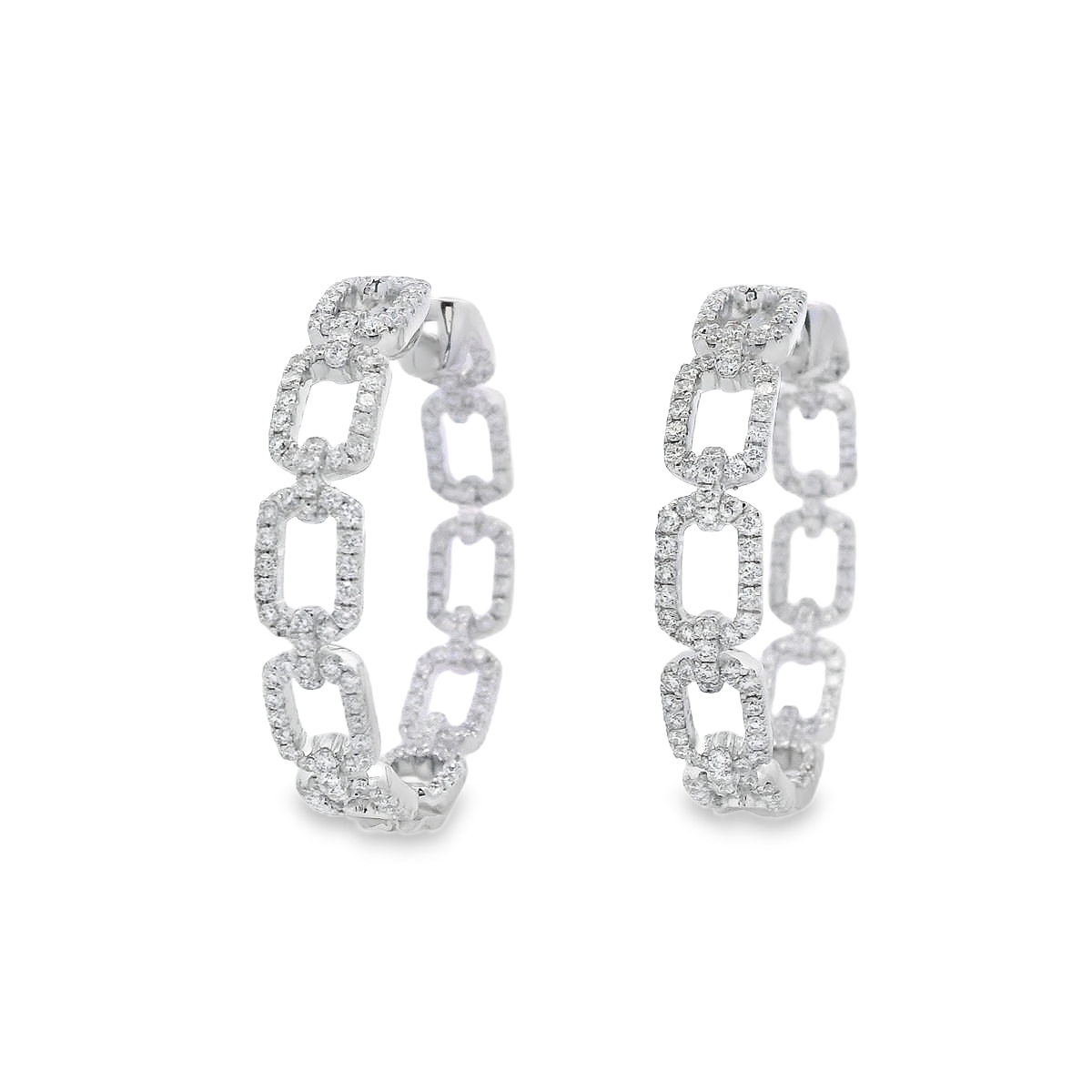 18K White Gold Chain-Style Round Diamond Hoops
