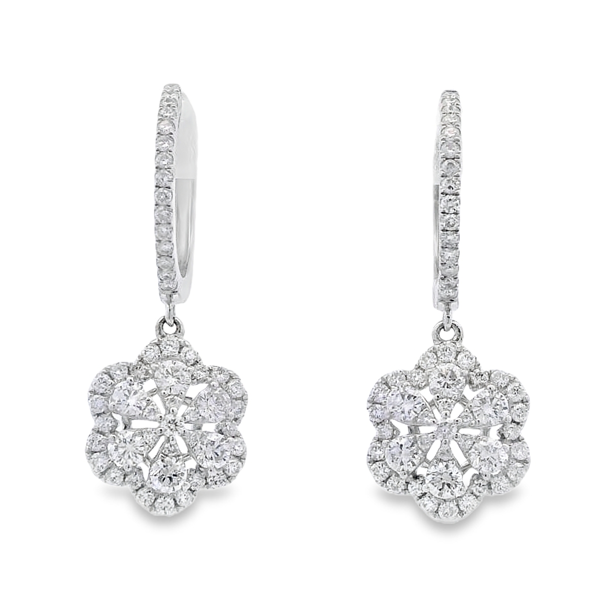 18K White Gold Diamond Flower Cluster Dangling Earrings