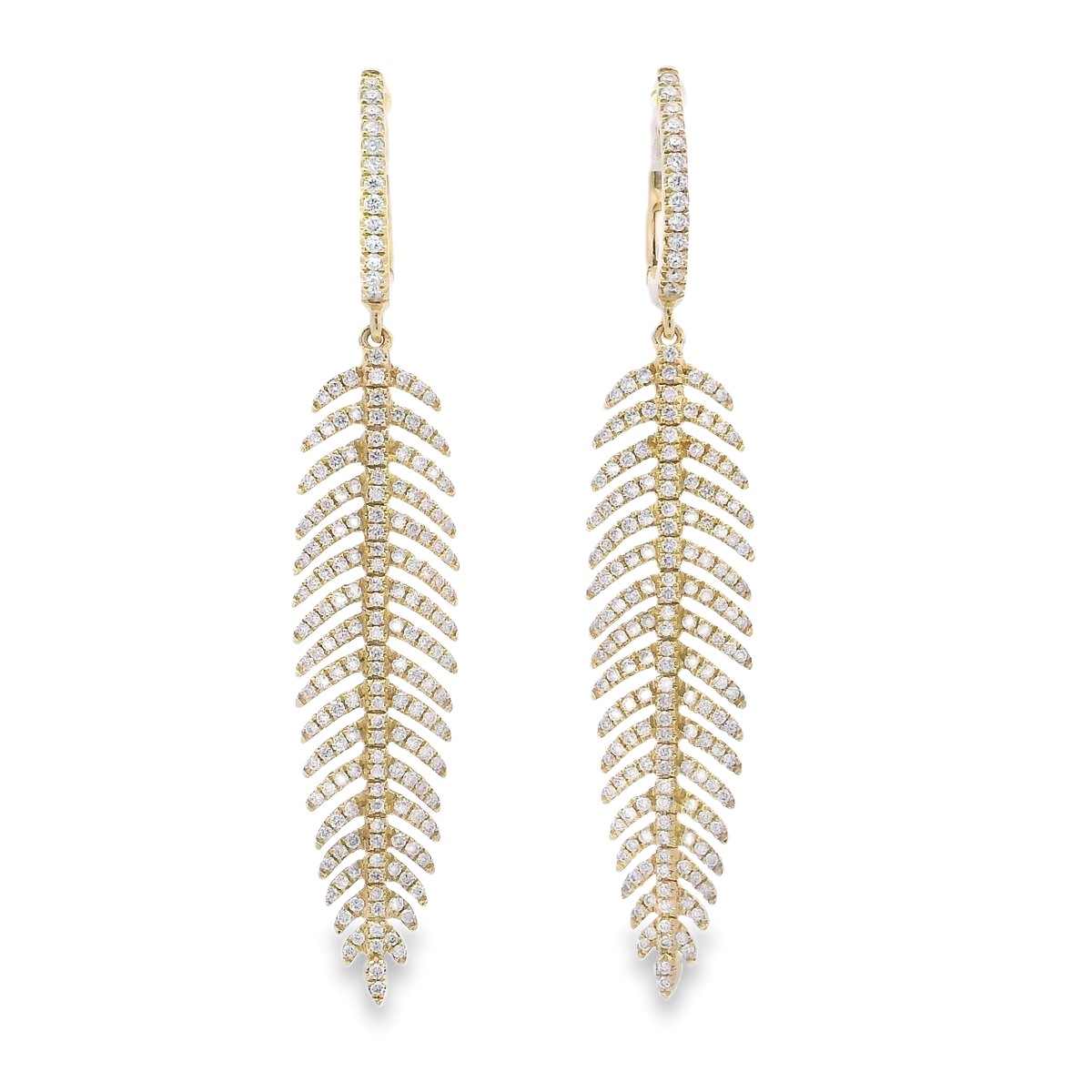 18K Yellow Gold Diamond Feather Dangle Earrings