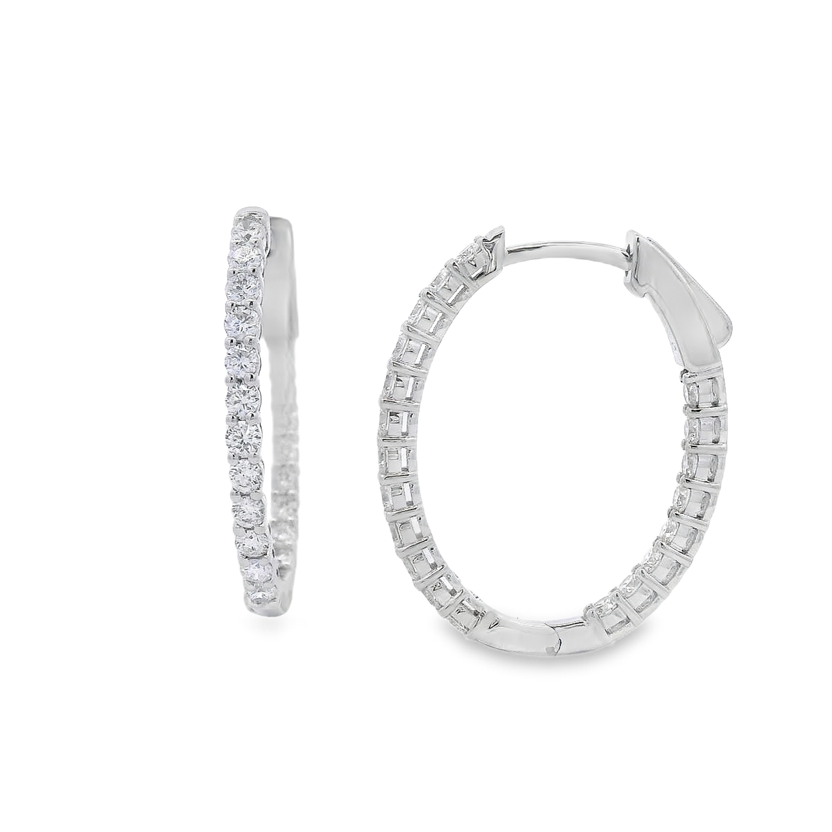 18K White Gold Oval Diamond Hoops