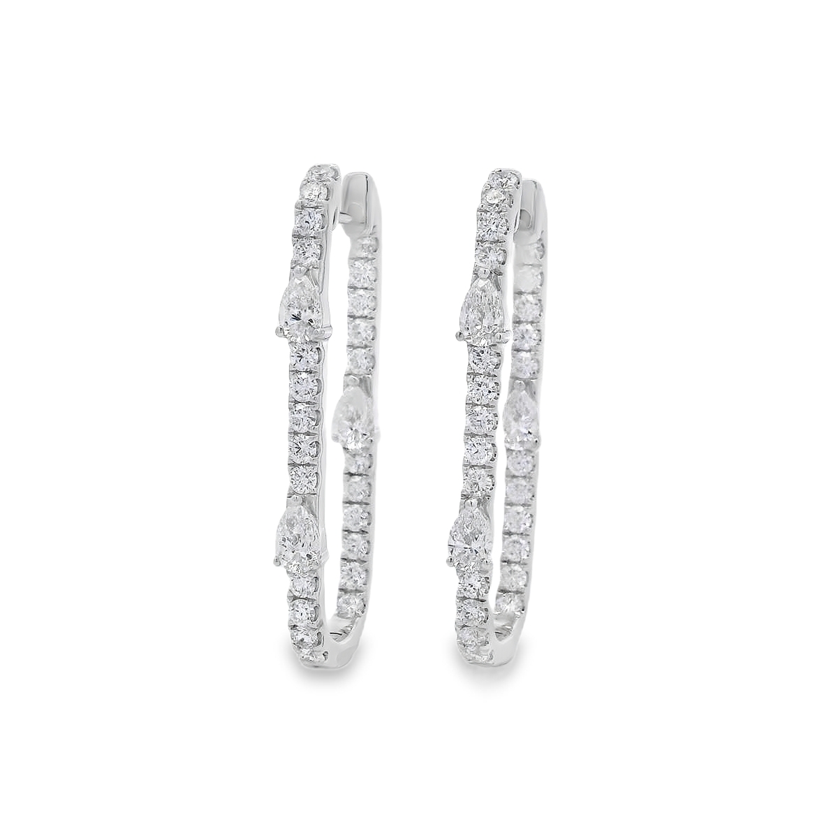 18K White Gold Straight Oval Diamond Accent Hoops