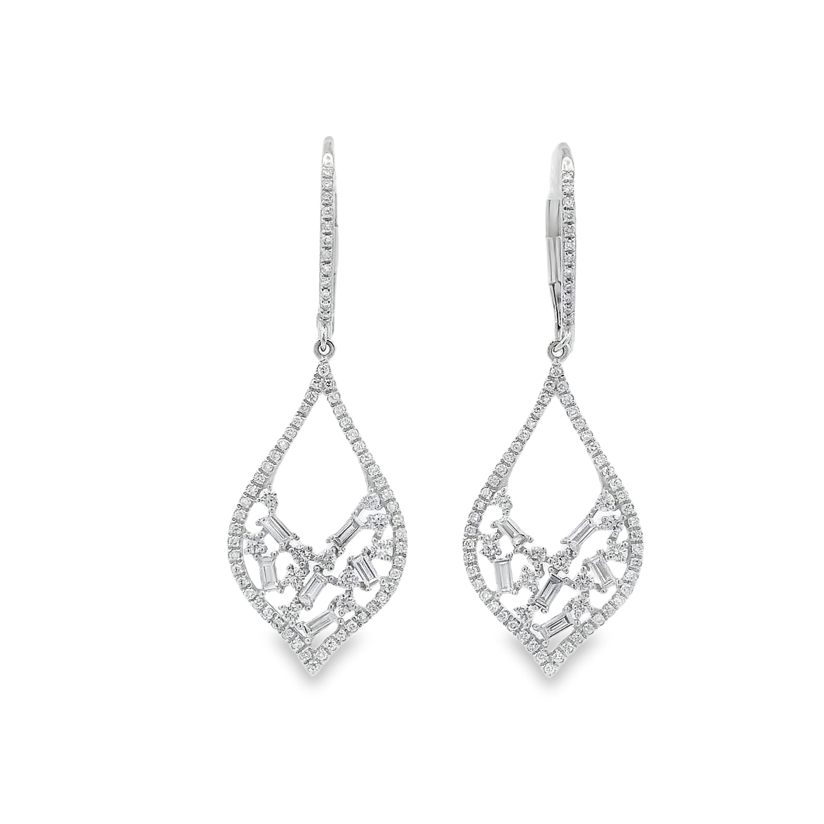 18K White Gold Teardrop Open Diamond Dangling Earrings