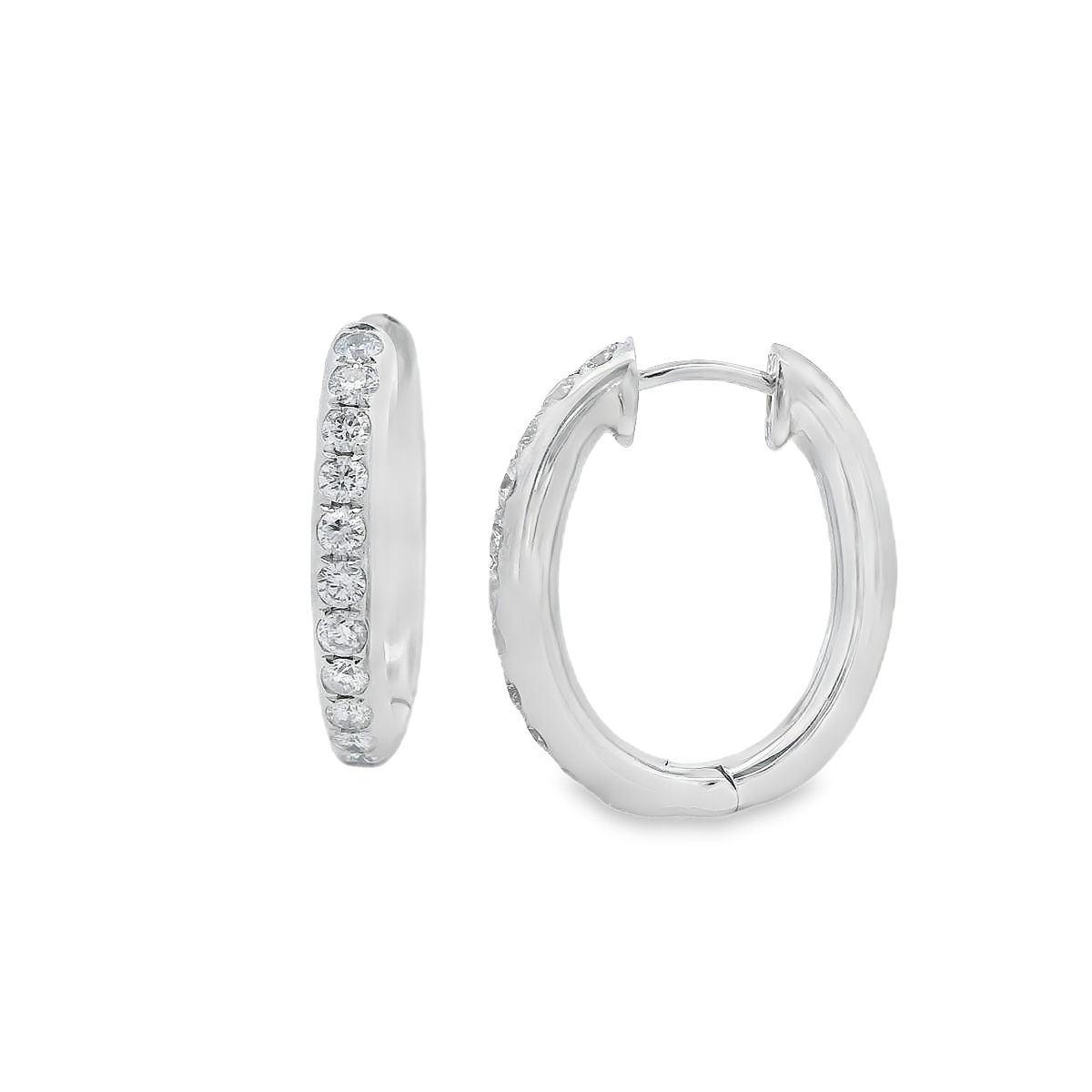 18K White Gold Oval Rounded Diamond Hoops
