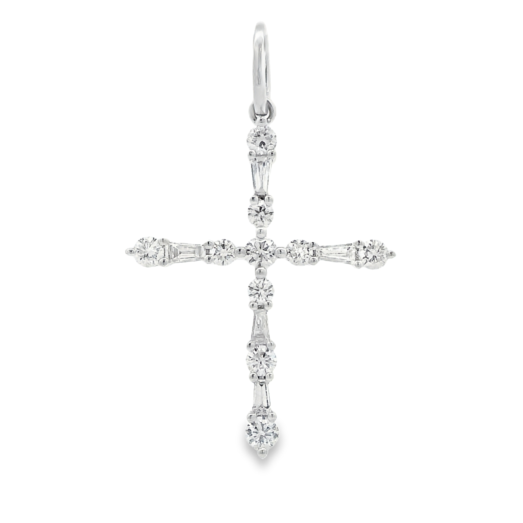 18K White Gold Alternating Baguette & Round Diamond Thin Cross