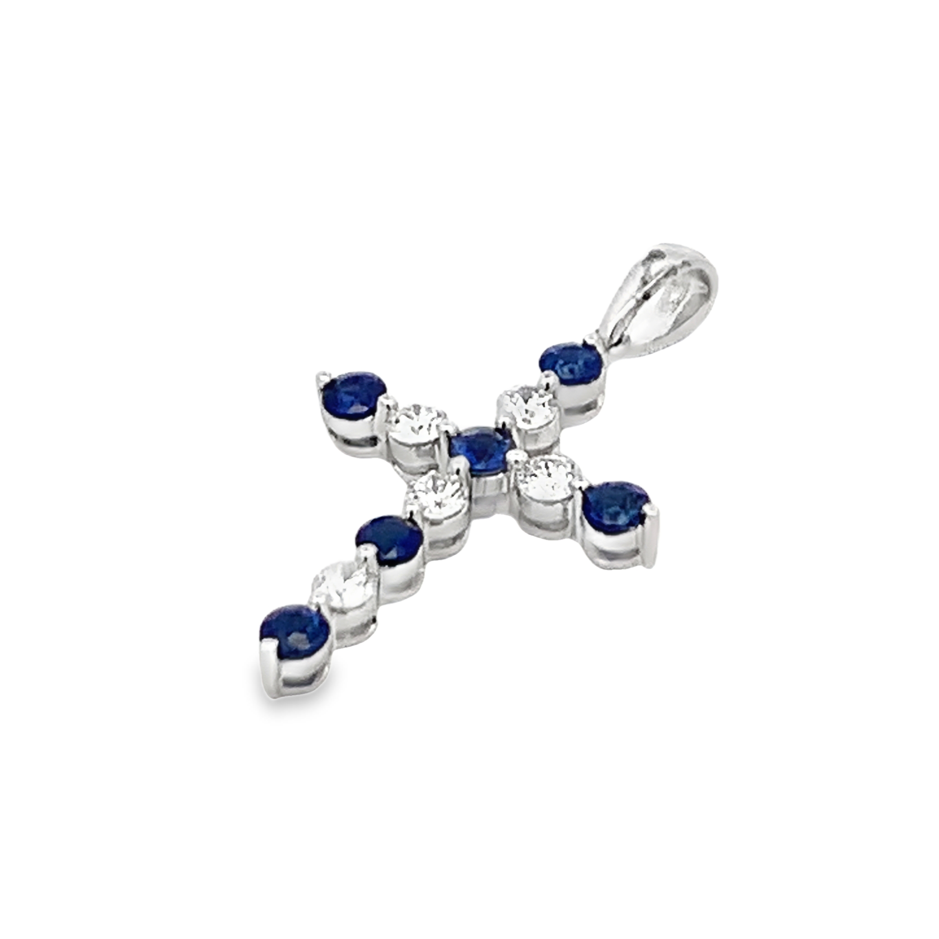 18K White Gold Diamond and Sapphire Cross Pendant